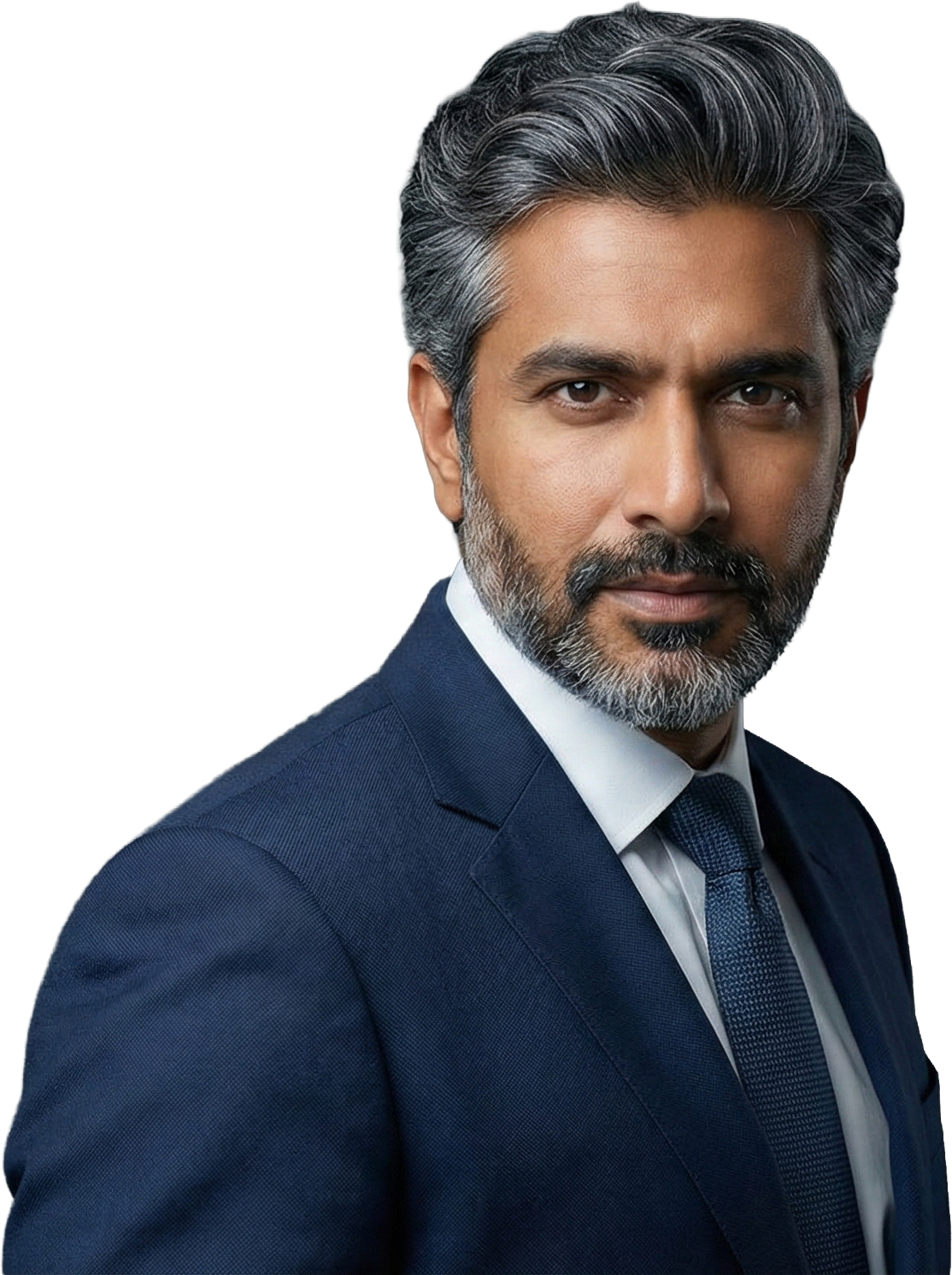 a man with healthy hair even in his 60's as he was taking regular hair rejuvination treatmentsA professional man with salt-and-pepper hair and beard wearing a navy blue suit and tie, looking confidently at the camera.
