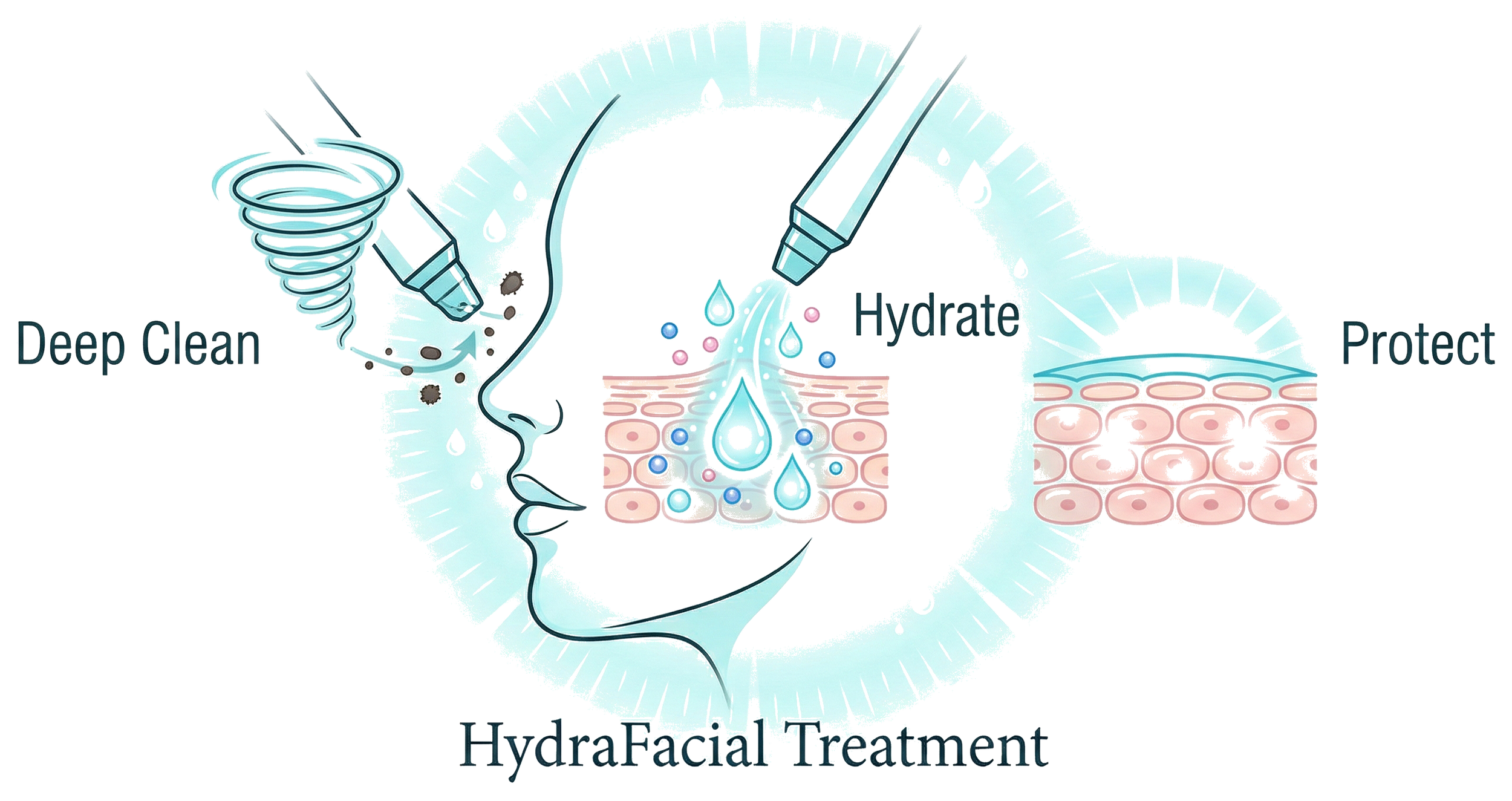 Diagram of a HydraFacial treatment showing device cleaning pores, hydrating skin, and protecting skin layers.