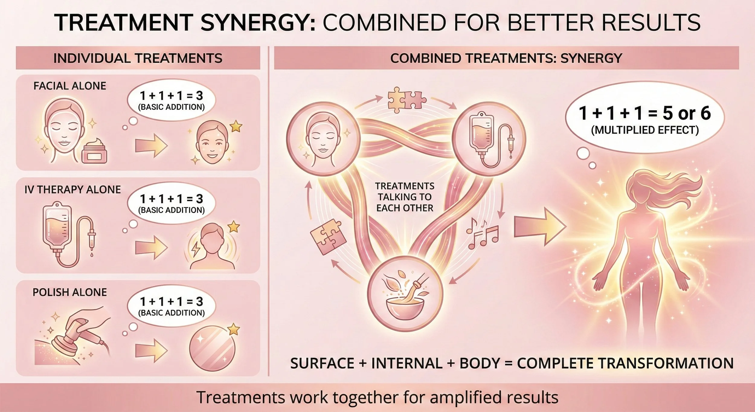 Diagram illustrating the concept of treatment synergy for better results. Left side shows individual treatments: facial alone, IV therapy alone, polish alone, each with a basic addition of 1+1+1=3. The right side shows combined treatments with treatments talking to each other, resulting in a multiplied effect of 1+1+1=5 or 6. Central circle with arrows indicates treatments working together, emphasizing surface, internal, and body transformation for complete results.