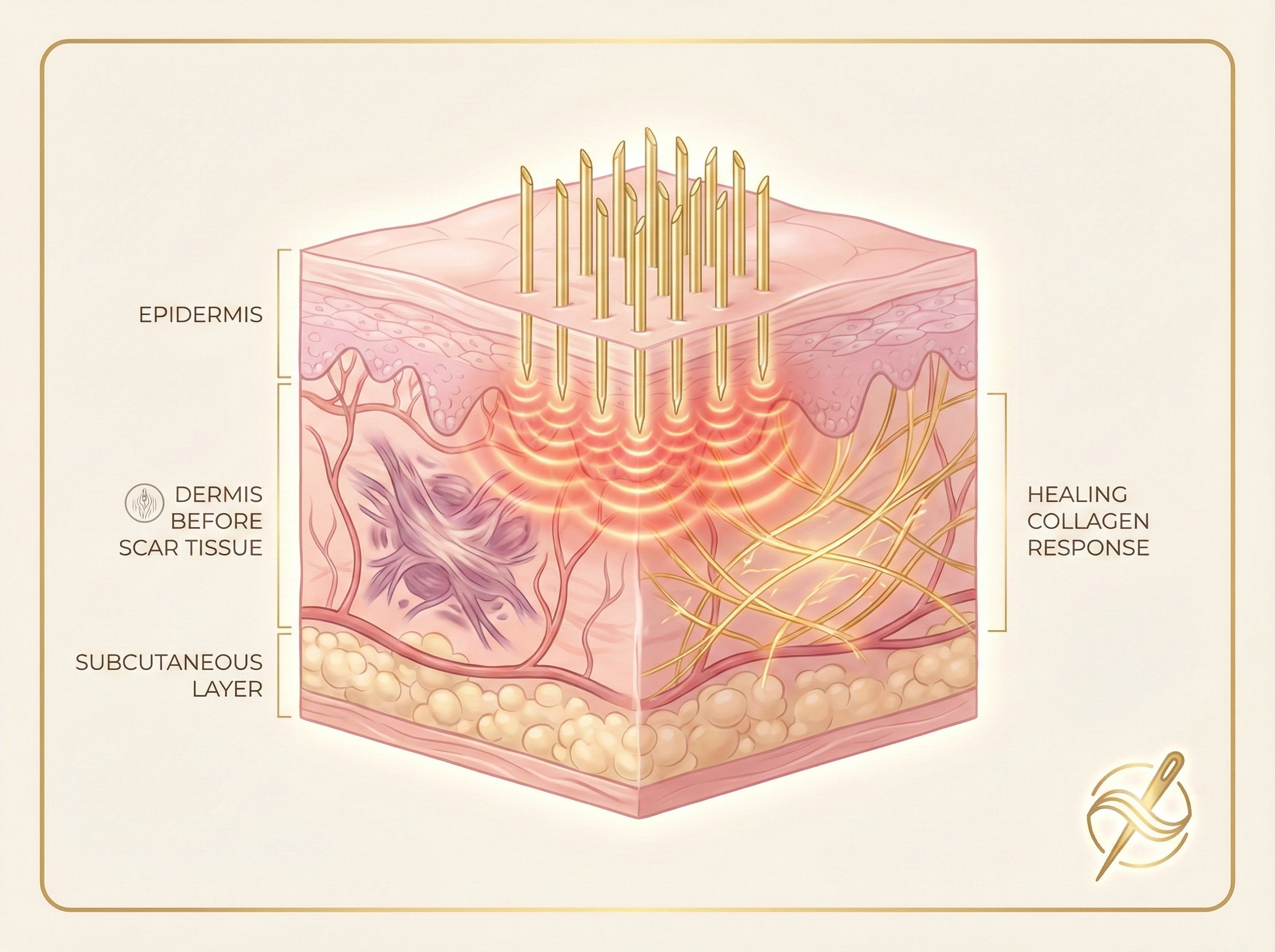 Illustration of skin layers showing laser treatment: epidermis, dermis before scar tissue, subcutaneous layer, with laser energy penetrating epidermis, stimulating healing and collagen response.