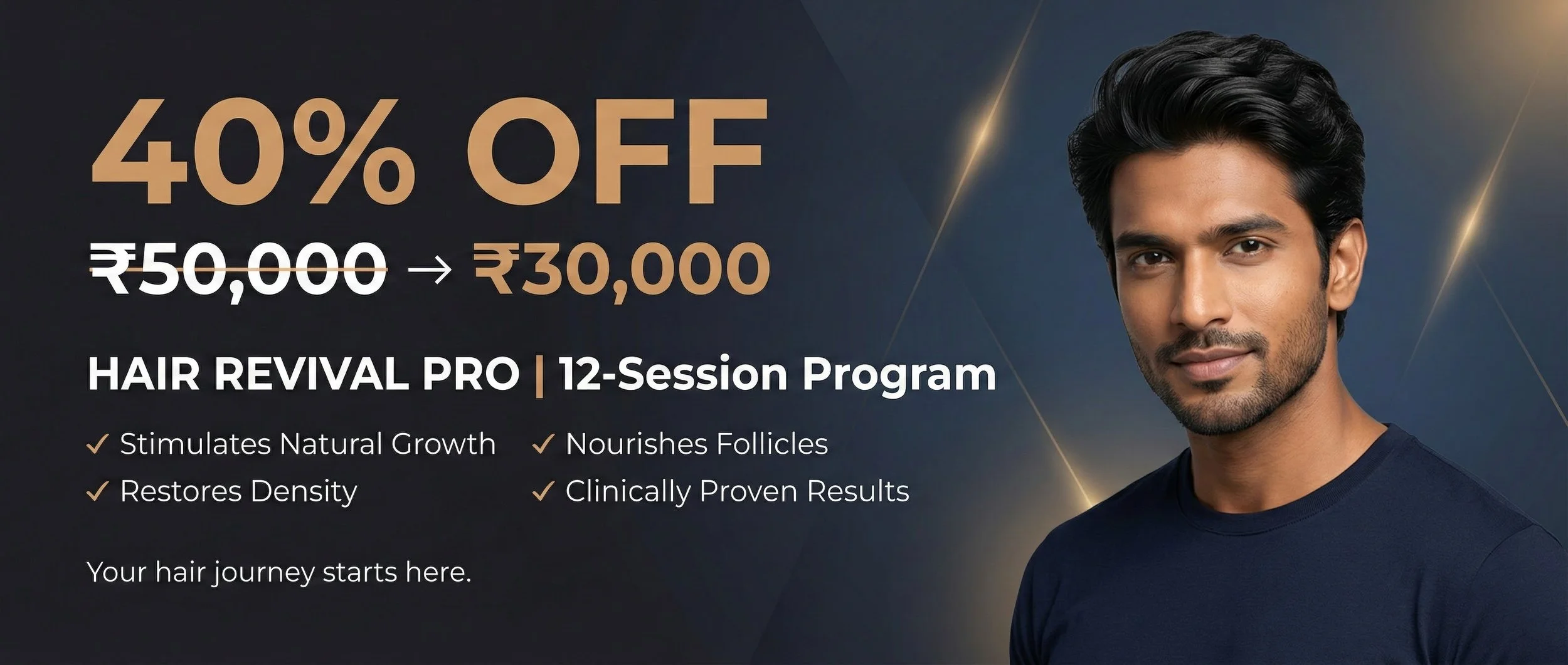 Advertisement for a Hair Revival Pro 12-session program offering 40% off, reduced from 50,000 to 30,000 currency units, featuring an image of a man with dark hair, promoting hair growth, follicle nourishment, density restoration, and proven results.