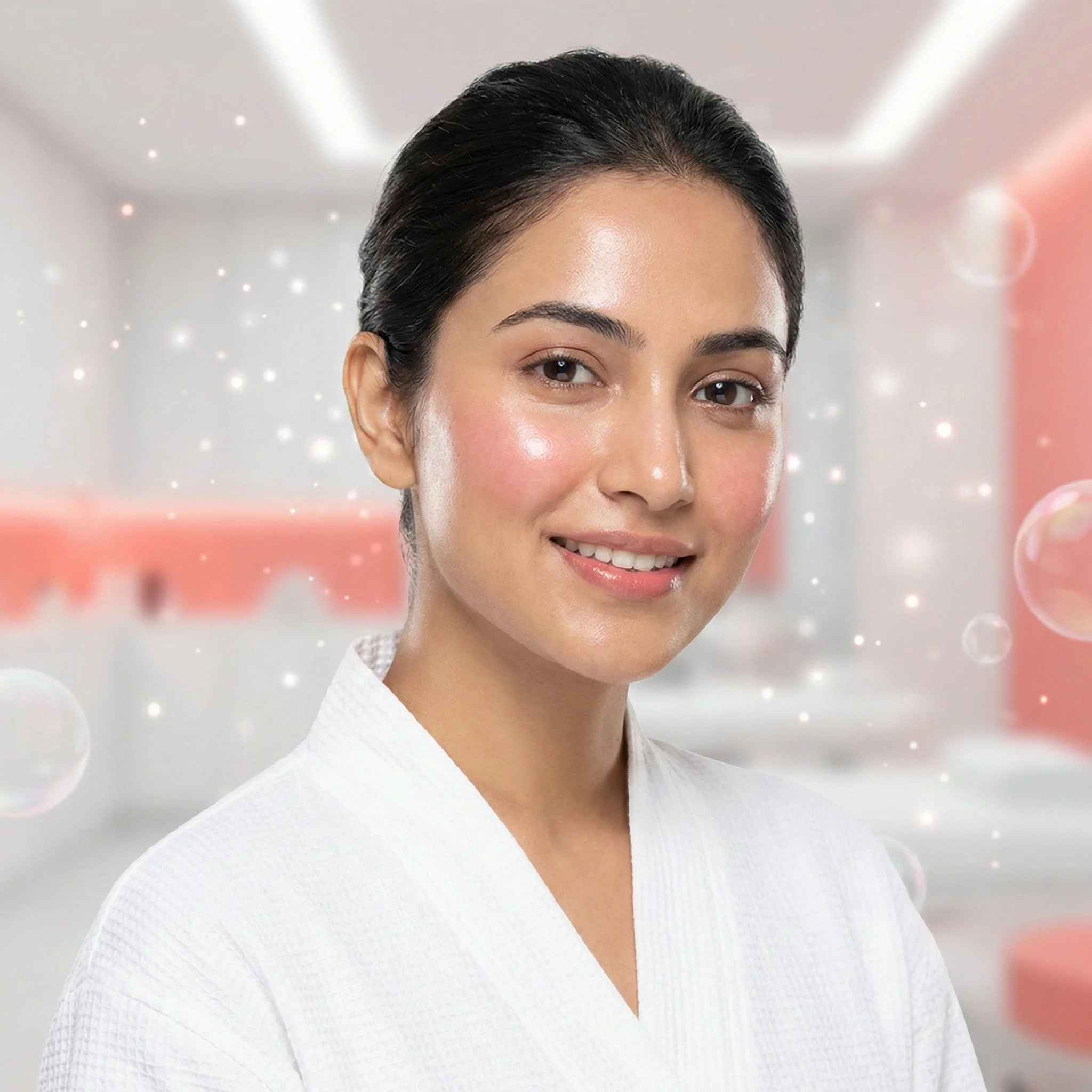 A smiling woman with flawless hydrated skin due to oxygeneo facial, wearing a white medical or spa uniform, standing in a modern, softly-lit room with a blurred background.