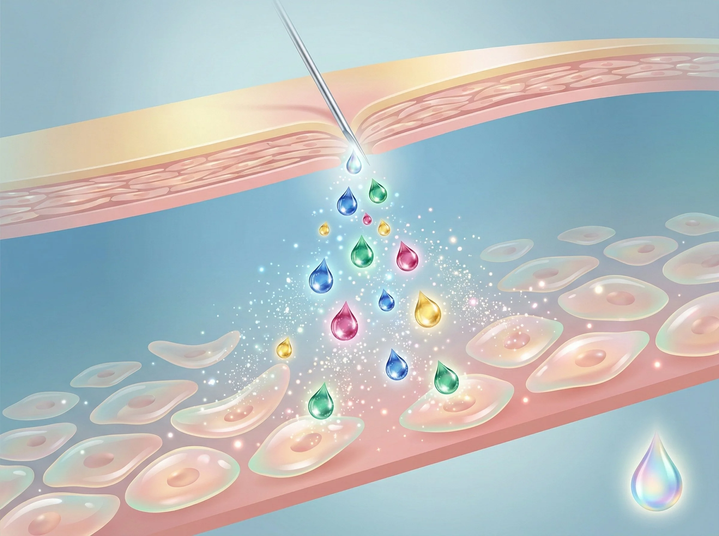 An illustration of a needle injecting colorful droplets into skin cells, with sparkling effects around the droplets.