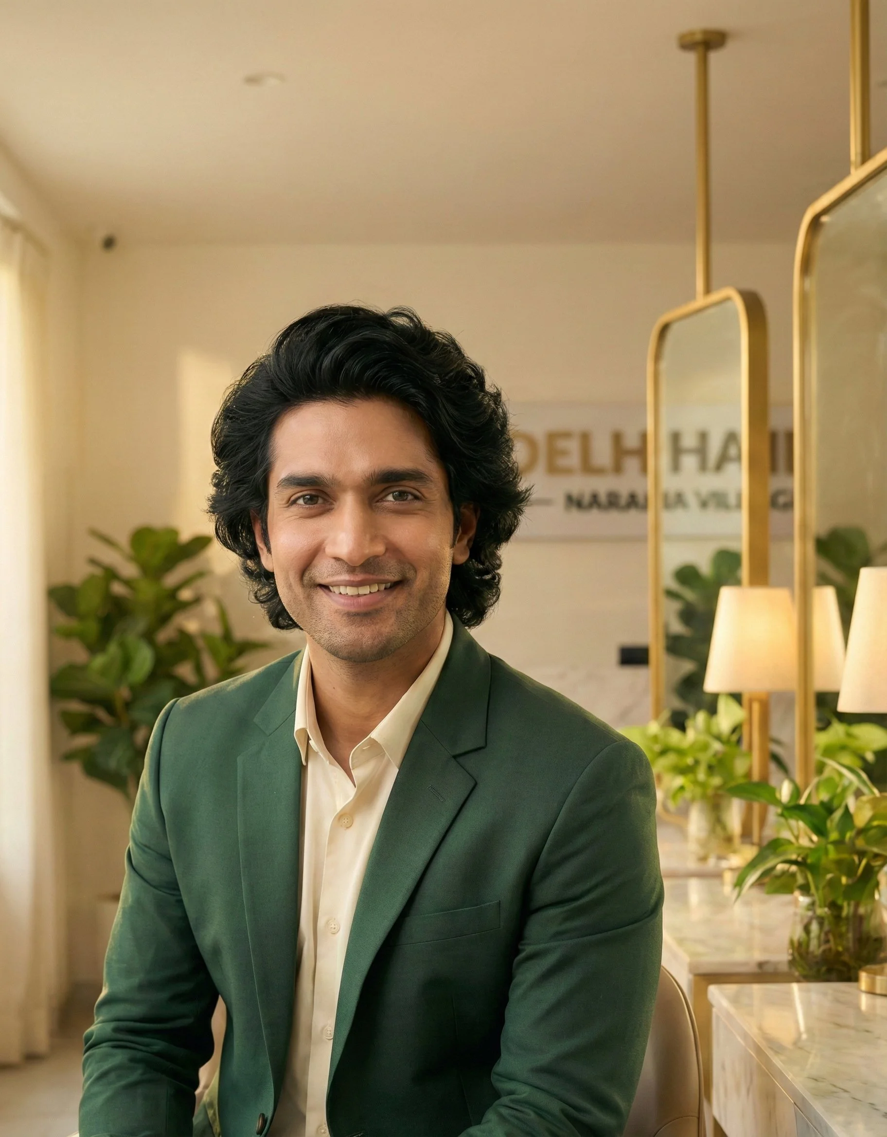 A smiling man with black, wavy hair, wearing a dark green suit jacket and a light-colored dress shirt, sitting in a well-lit room with plants and mirrors in the background.