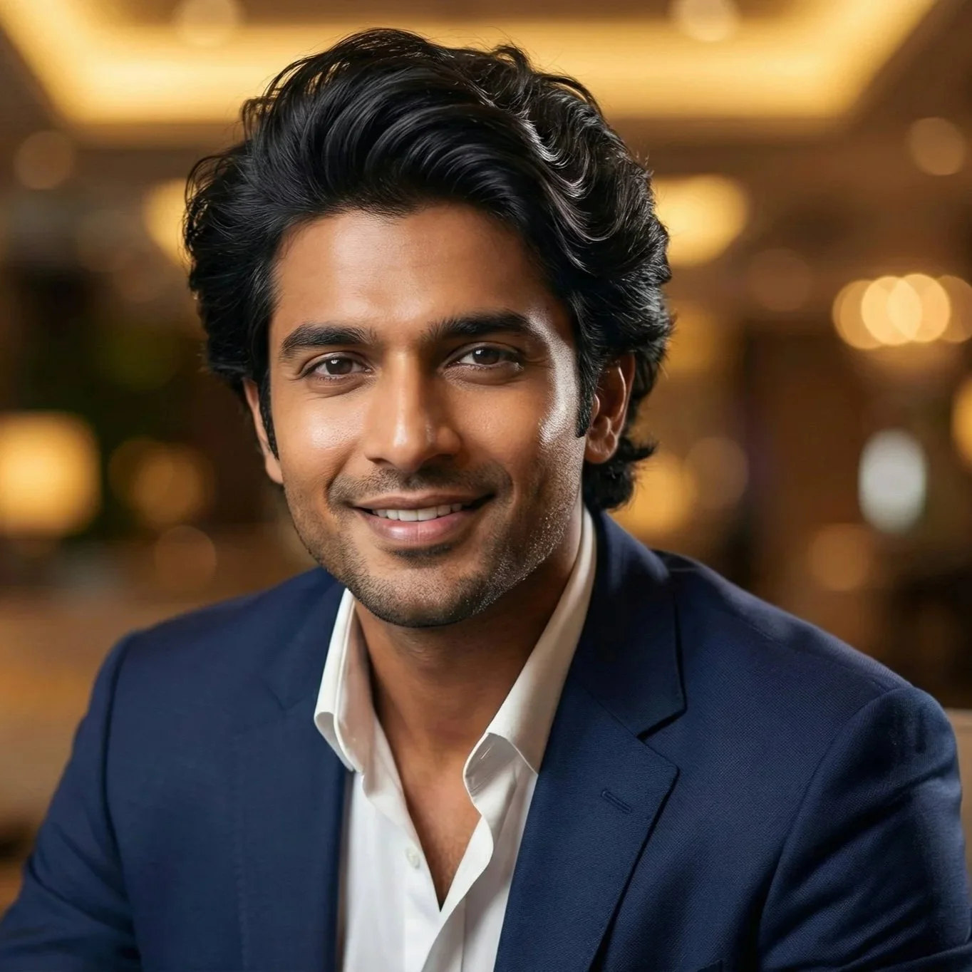 a man with glossy healthy hairs who was suffing from hale pattern baldness.A man with dark, wavy hair, wearing a dark blue suit and white shirt, smiling at the camera in a warmly lit indoor setting.