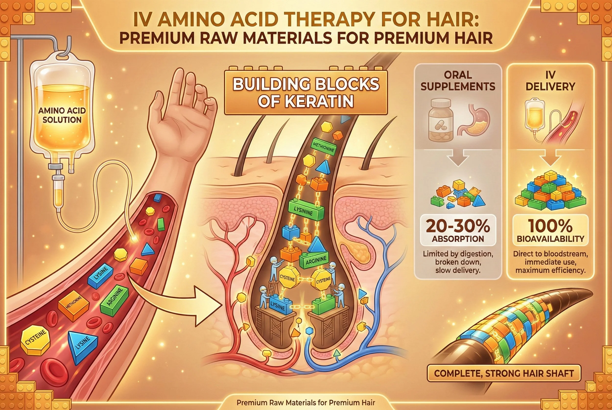 An infographic illustrating IV amino acid therapy for hair, showing the solution connecting to a needle and a blood vessel. It depicts building blocks of keratin, including cysteine, lysine, arginine, methionine, and histidine, reaching the hair follicle and contributing to the formation of a strong, complete hair shaft. The infographic highlights that oral supplements have 20-30% absorption, limited by digestion, while IV delivery offers 100% bioavailability for maximum efficiency.