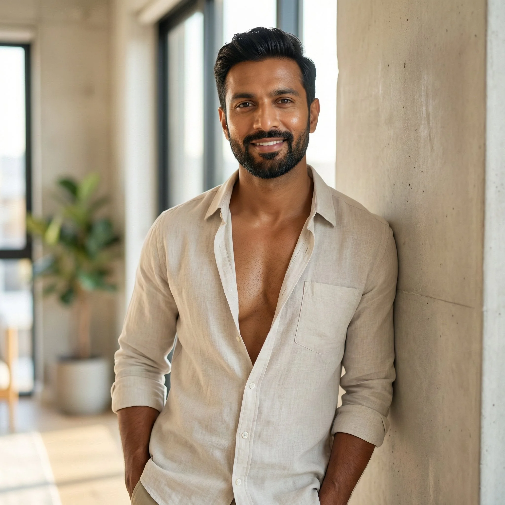 A man with dark hair and a beard, smiling, leaning against a beige wall in a bright indoor setting