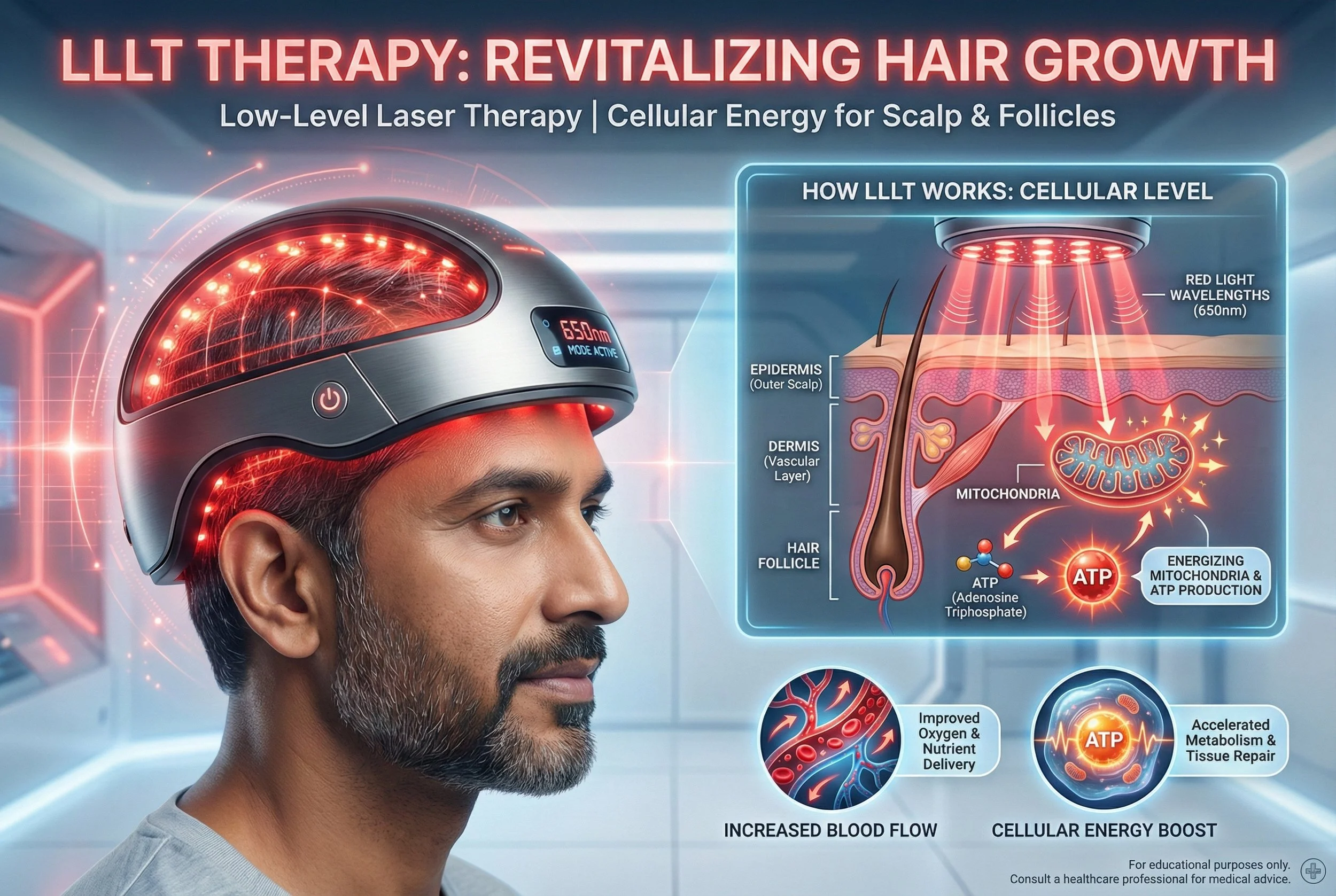 Diagram showing how LLLT therapy revitalizes hair growth at a cellular level, illustrating red light wavelengths targeting scalp layers, stimulating mitochondria to produce ATP for increased blood flow and tissue repair.