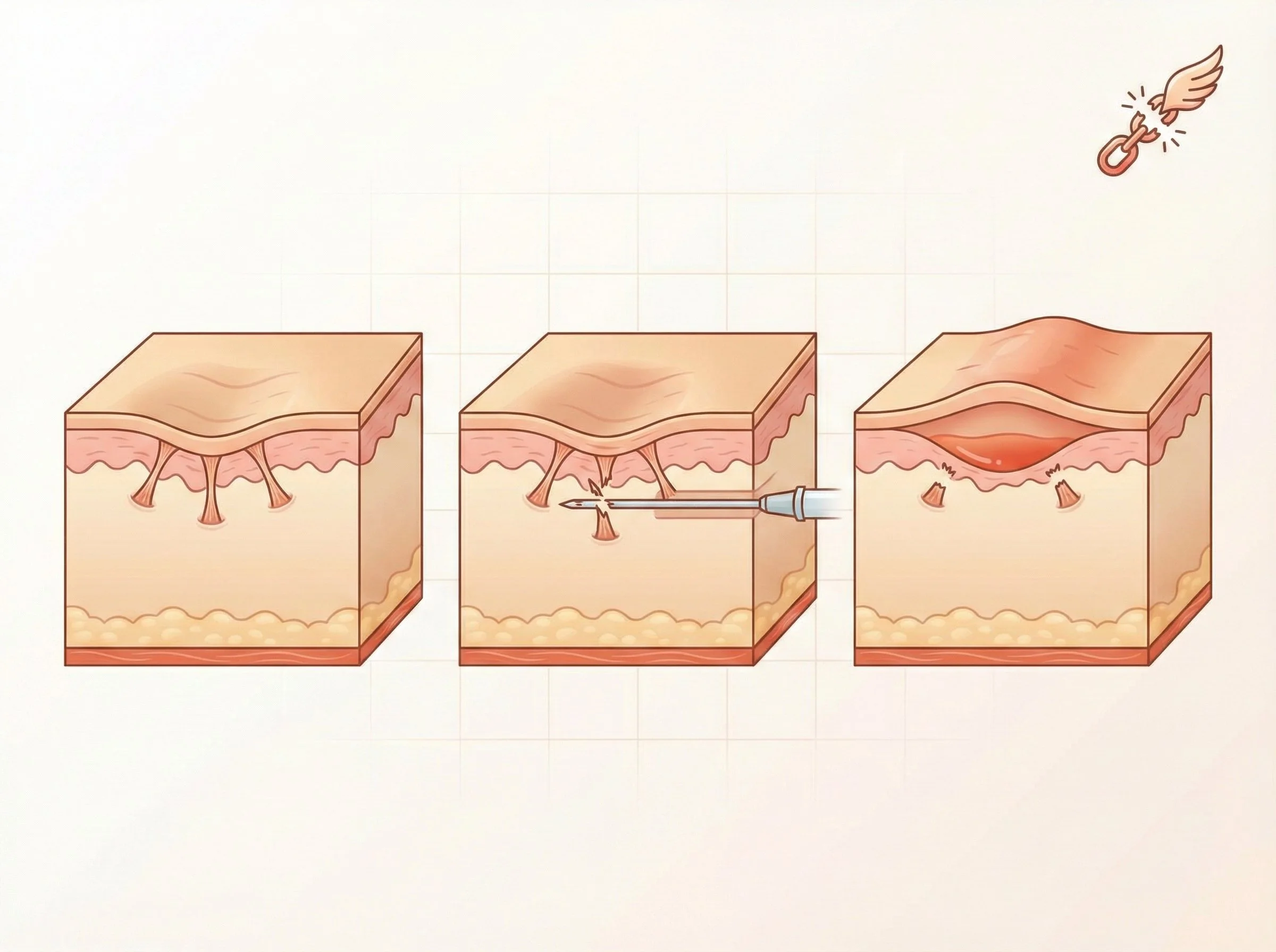 Step-by-step illustration of a skin procedure: initial skin with wrinkles, a syringe injecting into wrinkles, resulting in smoother skin with fewer wrinkles, and a winged needle symbol in the top right corner.