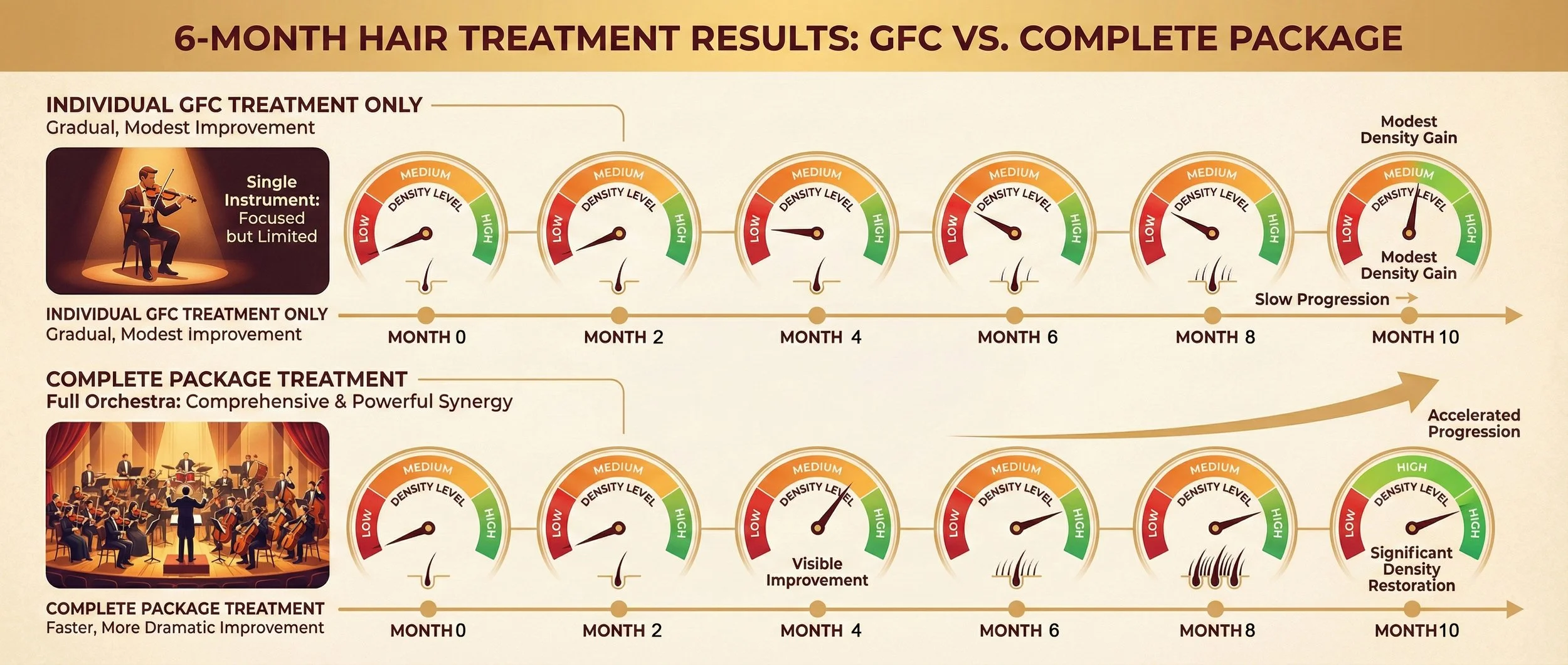 A chart comparing 6-month hair treatment results for GFC versus complete package. It illustrates gradual, modest, and faster, more dramatic improvements over ten months with associated density levels, from low to high, for each treatment type, with a visual of a man playing violin and an orchestra symbolizing treatment effectiveness.