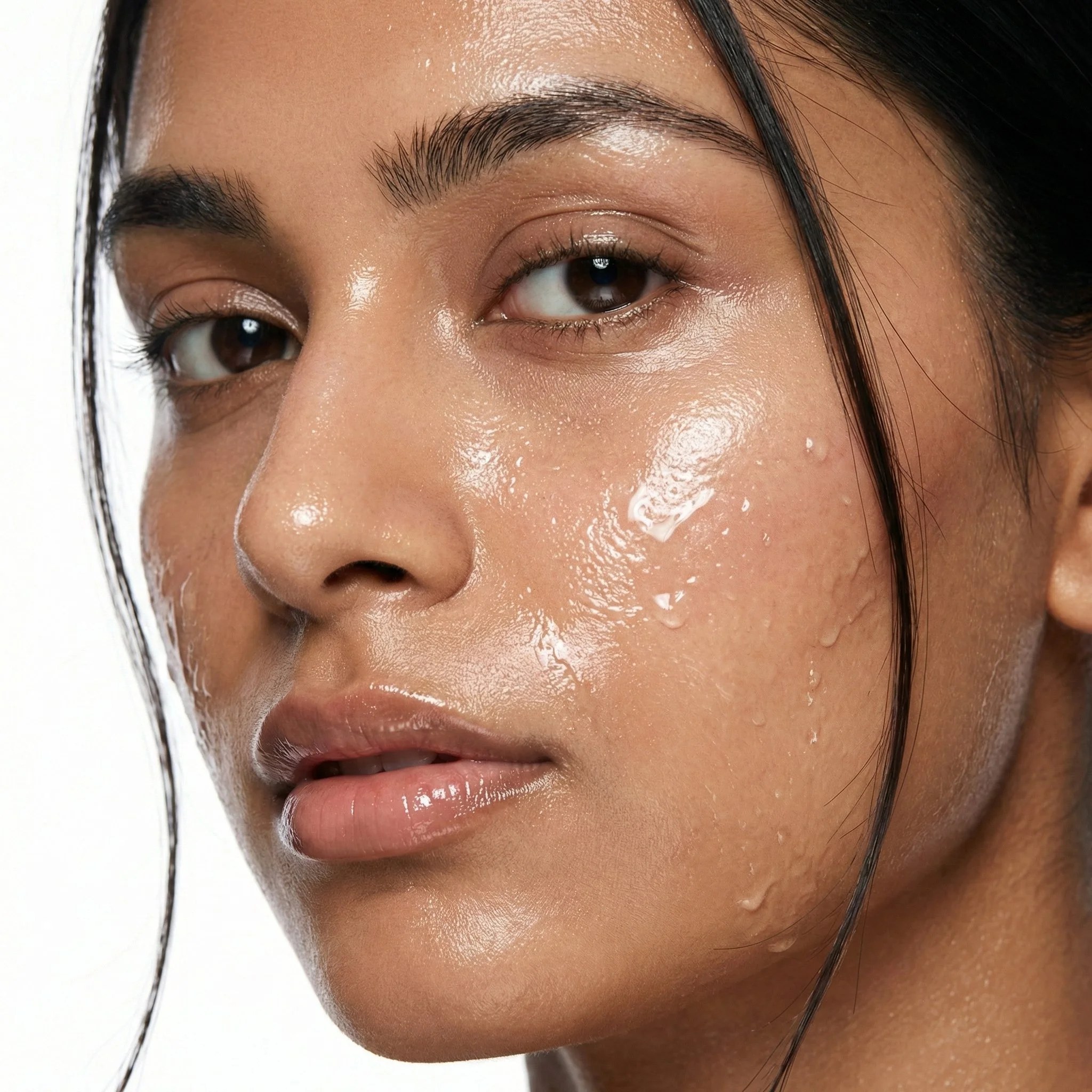 Close-up of a woman with hydrated and wet skin due to the hydra facial she has taken, dark hair, and minimal makeup looking directly at the camera.