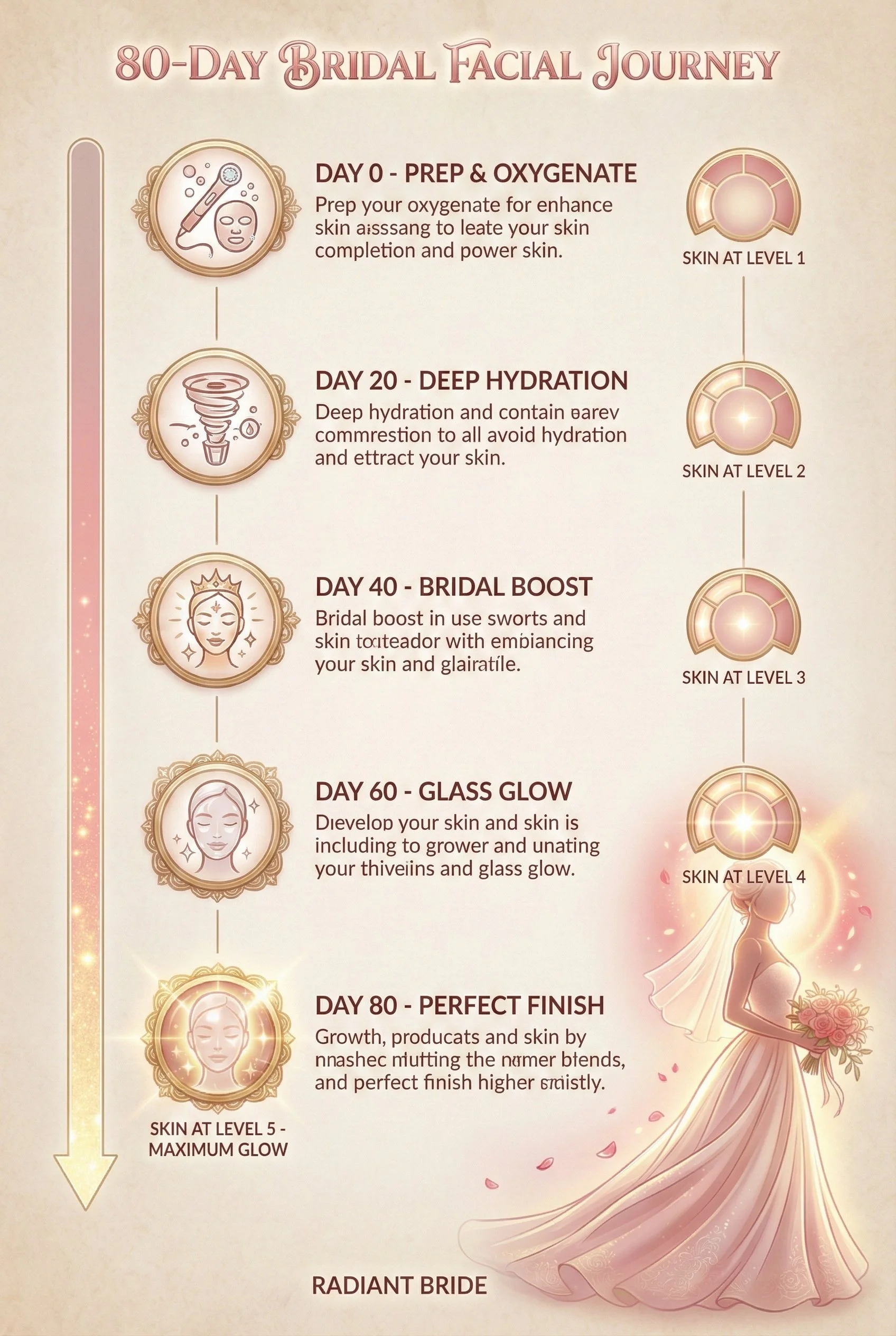 A skincare chart titled '80-Day Bridal Facial Journey' with a list of steps and corresponding skin levels. It includes visual icons, descriptions of each step from Day 0 to Day 80, and a stylized bride holding a bouquet on the right.