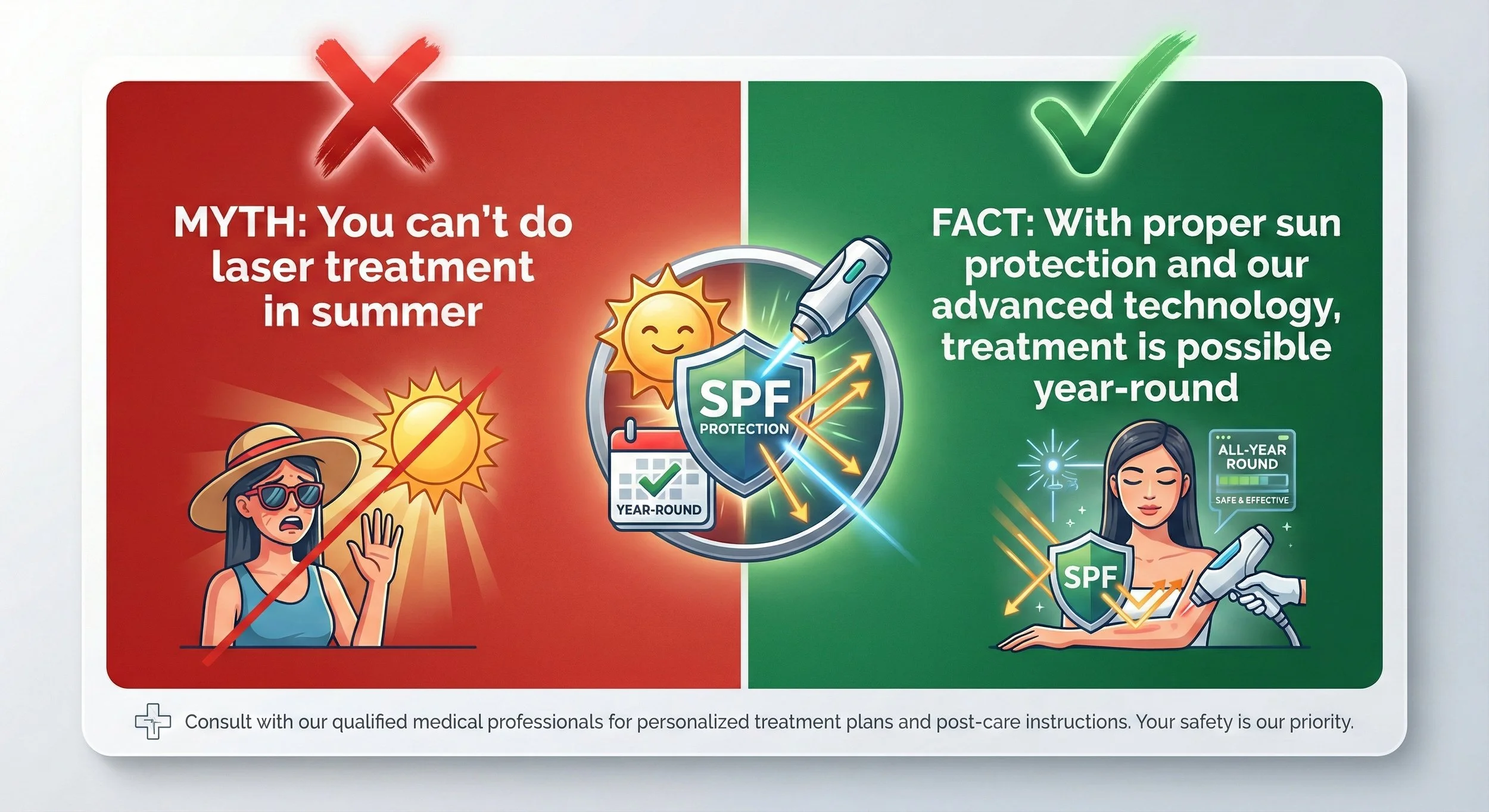A side-by-side comparison of myths and facts about laser treatment for sun protection. The myth side has a woman in a hat and sunglasses looking distressed, with a sun icon crossed out. The fact side shows a woman receiving treatment with a laser device, shielded by SPF protection symbols, indicating year-round effectiveness.