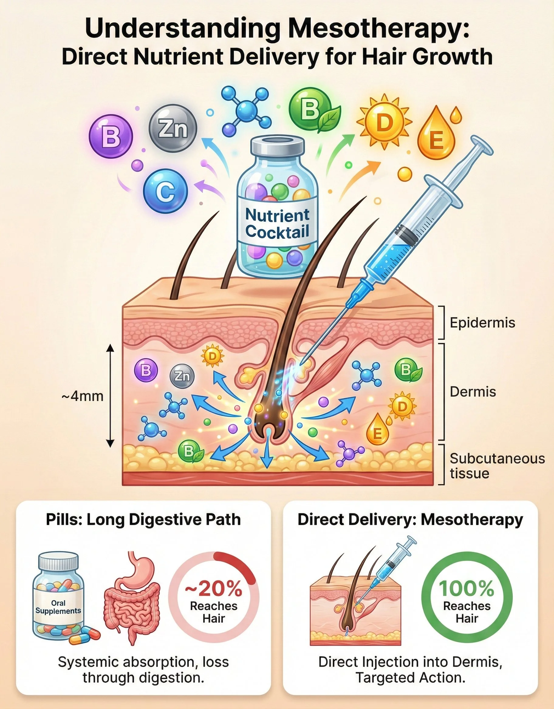 Diagram of mesotherapy for hair growth showing a needle injecting nutrients into the scalp, with icons of vitamins and minerals, and a comparison graphic of pills versus direct delivery.