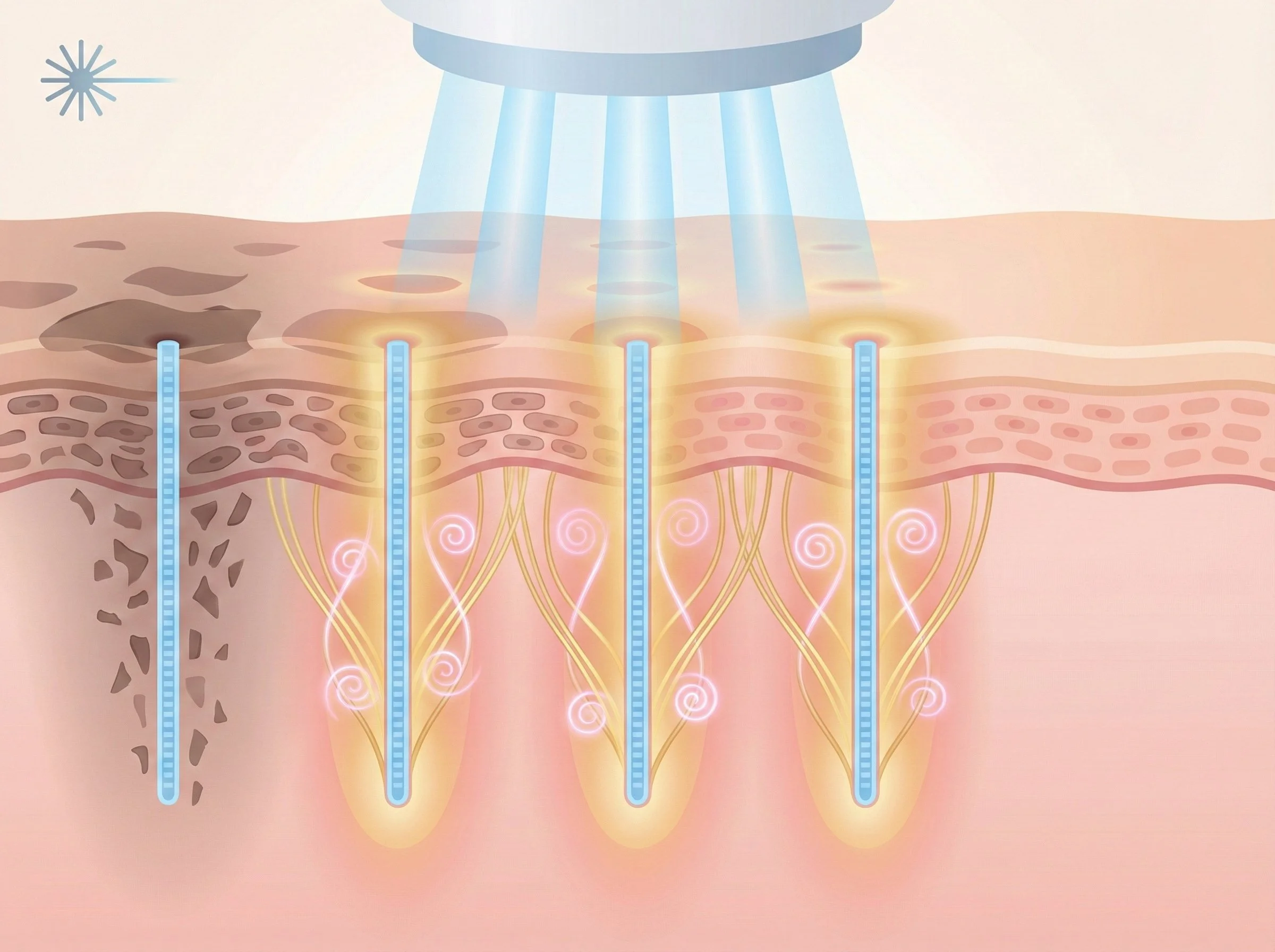 A diagram showing a procedure using blue laser needles to stimulate skin and nerves, with light blue laser beams directed into the skin, and pink and yellow pathways indicating nerve stimulation.