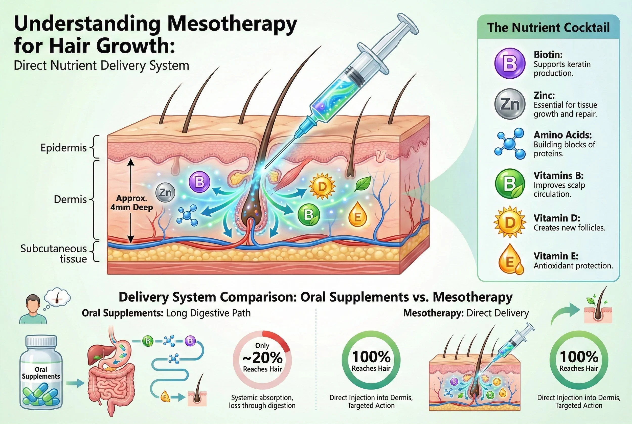 Illustration explaining mesotherapy for hair growth, showing a syringe injecting nutrients into the scalp, with labeled key nutrients and comparing oral supplements versus mesotherapy delivery methods.