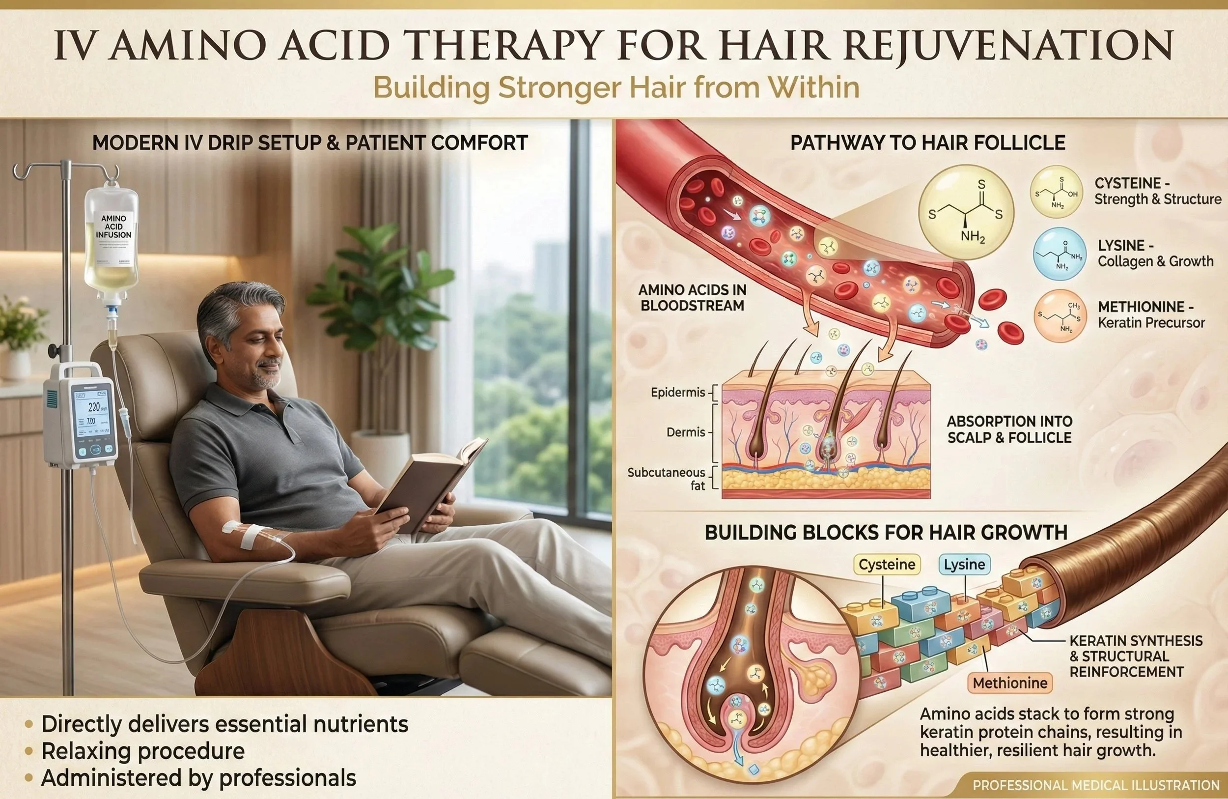 Infographic describing IV amino acid therapy for hair rejuvenation, including pathway to hair follicle, absorption into scalp, and building blocks for hair growth with amino acids cysteine, lysine, and methionine.