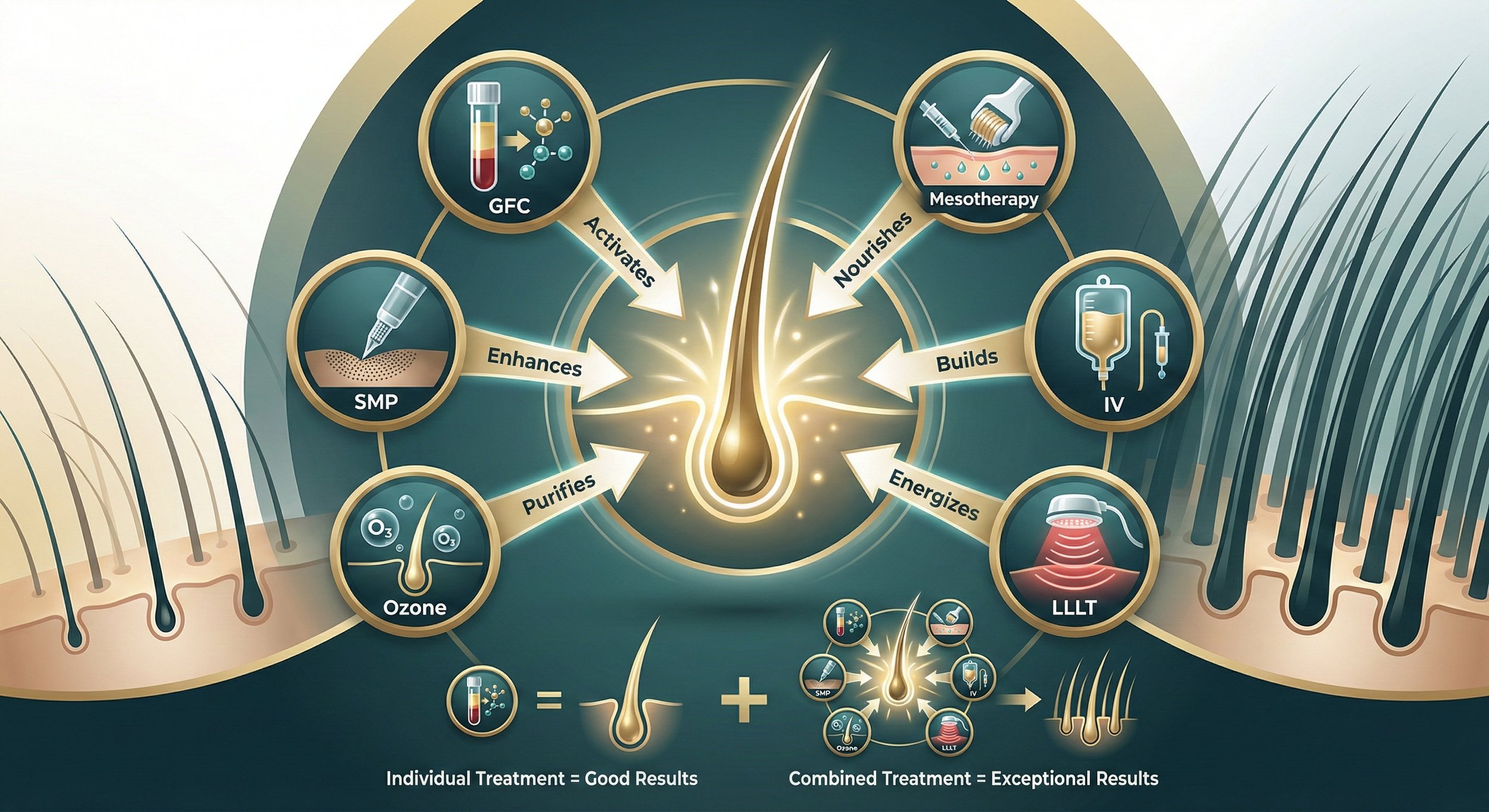 Diagram of a hair follicle showing different treatments that activate, enhance, purify, nourish, build, energize, and hydrate hair, including GFC, SMP, ozone, mesotherapy, IV, LLLT, and combined treatments.