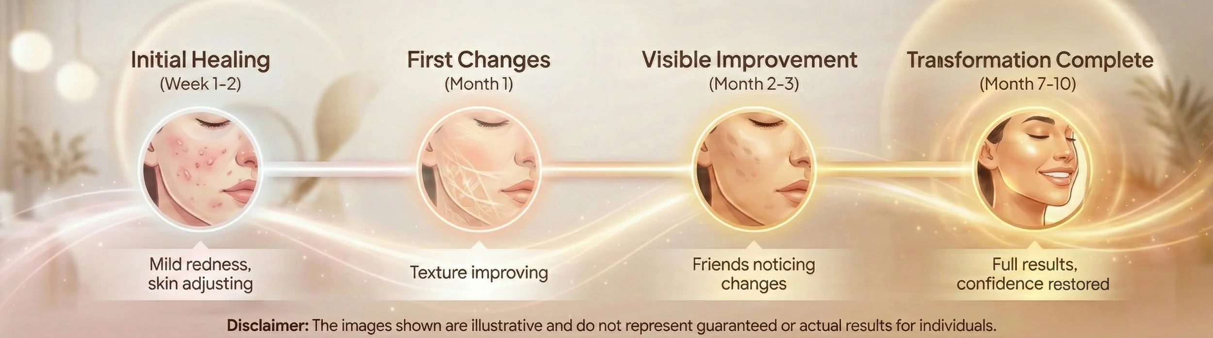 A timeline illustrating skin healing stages: initial healing with red bumps, first changes with skin texture improvement, visible improvement with reduced spots, and full transformation with clear skin, each accompanied by descriptive notes.