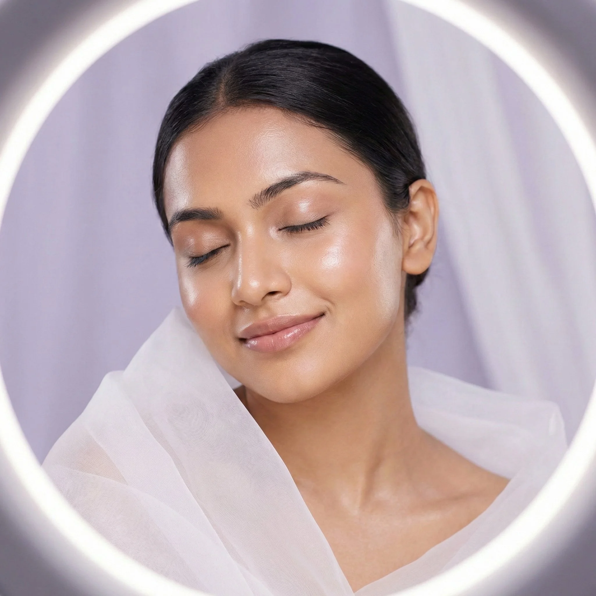A woman with korean glass skin due to korean facial, closing her eyes, smiling softly, with glowing skin, draped in a white sheer fabric, against a light purple background illuminated by circular light.