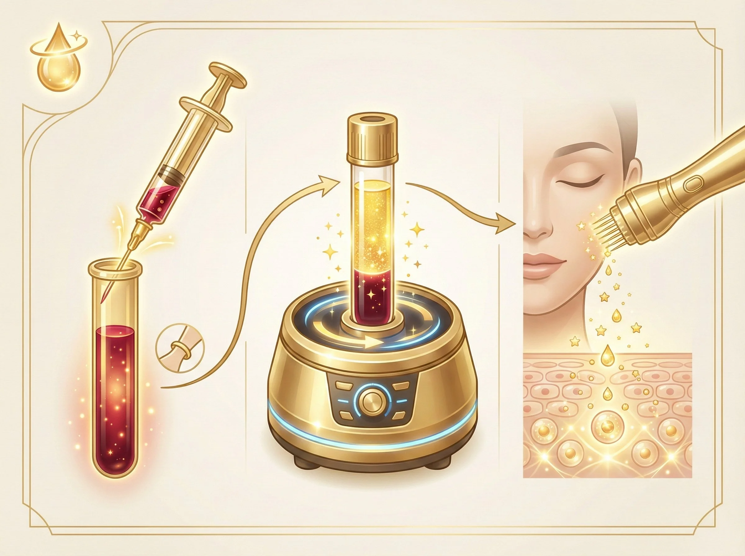 A digital illustration showing a process of skin treatment with serum. It includes a syringe drawing blood, the blood being processed in a machine, and the serum being applied to a woman's face for skincare.