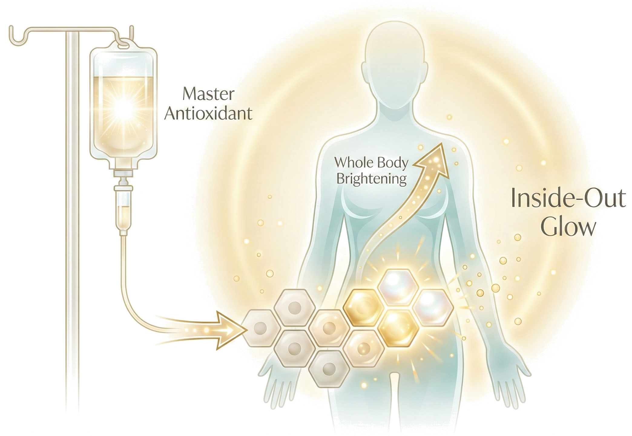 Diagram illustrating a skincare treatment process. It shows a vial labeled 'Master Antioxidant' connected to a human figure. The treatment is depicted as increasing overall skin brightness and producing an inside-out glow, with arrows indicating the flow of antioxidants into the body and the resulting brightening effect.