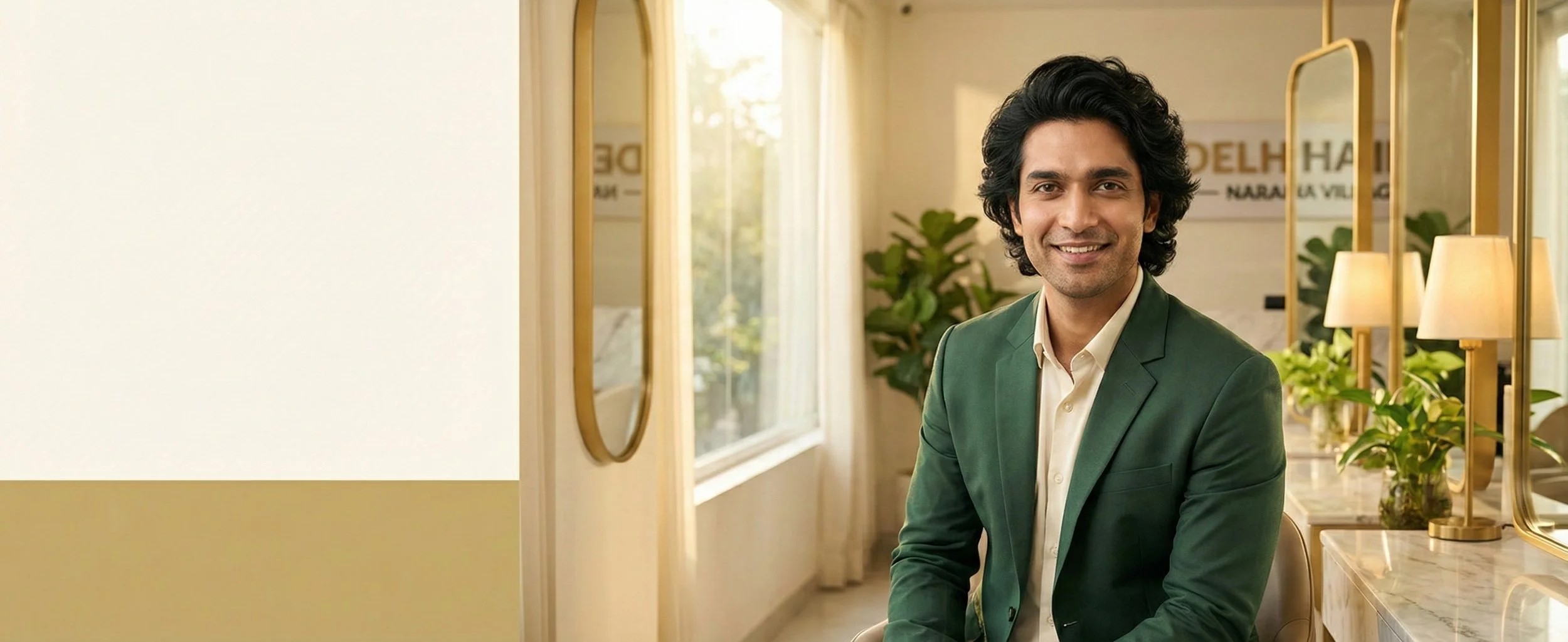 A smiling man with dark, wavy hair wearing a green blazer and white shirt sitting in a modern, well-lit indoor space with plants and lamps in the background.