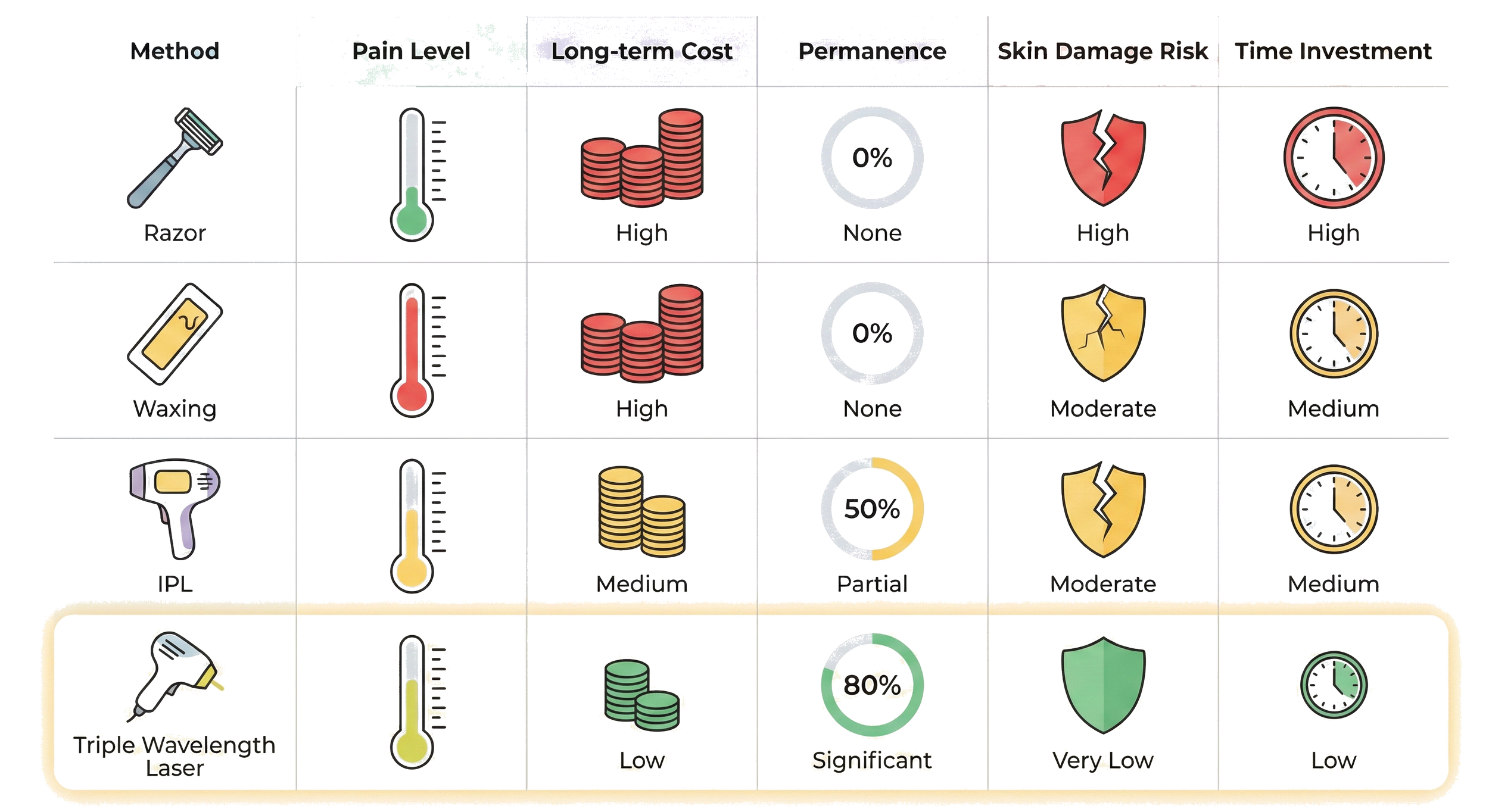 Comparison chart of laser hair removal methods showing method icons, pain levels, long-term costs, permanence, skin damage risk, and time investment, with ratings from low to high and visual indicators.