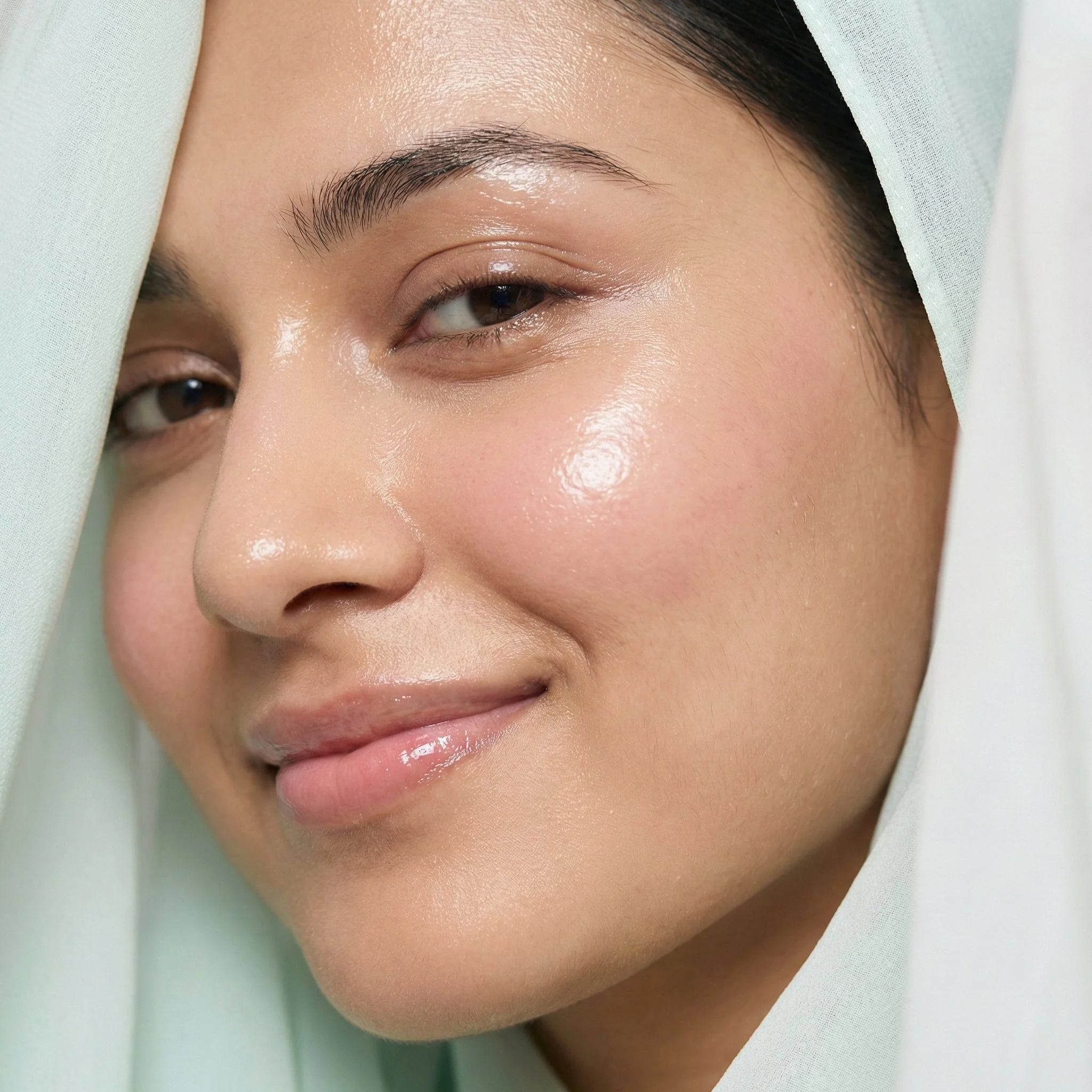 Close-up of a woman's smiling face with smooth skin due to IV Glutathione Therapy she has takenwearing light-colored fabric draped around her head.