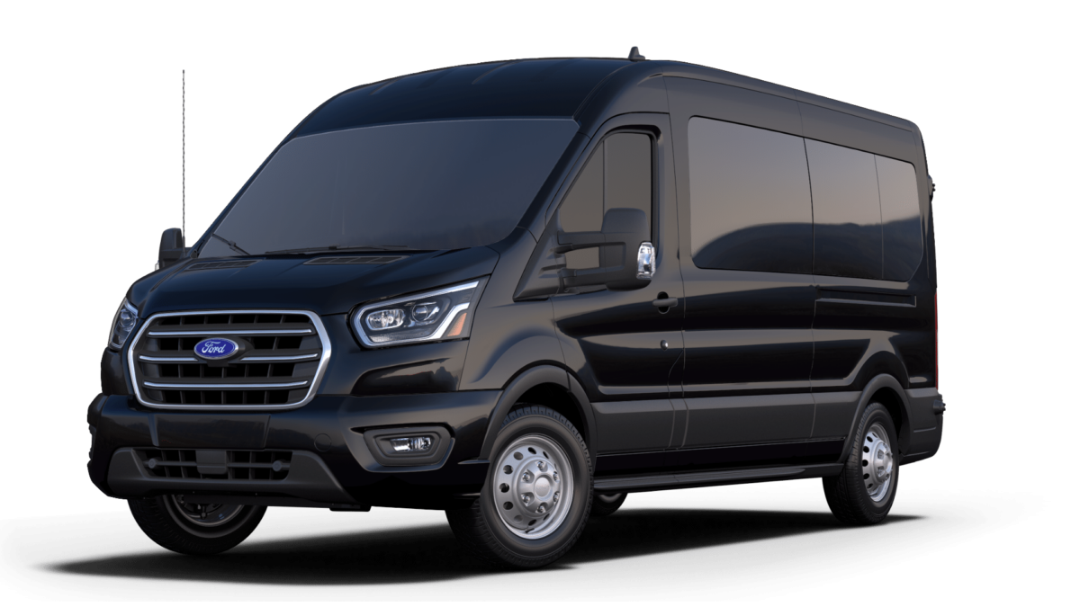 Black Ford Transit cargo van on a black background.