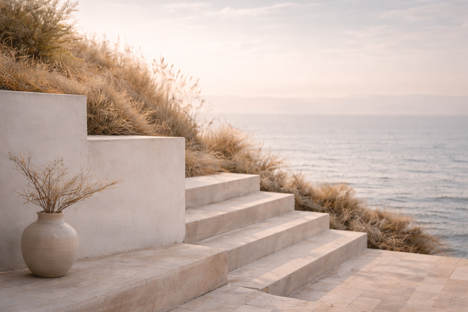 White stairs leading down to the ocean with dry grass on a hillside and a beige vase with dried flowers in the foreground at sunset.