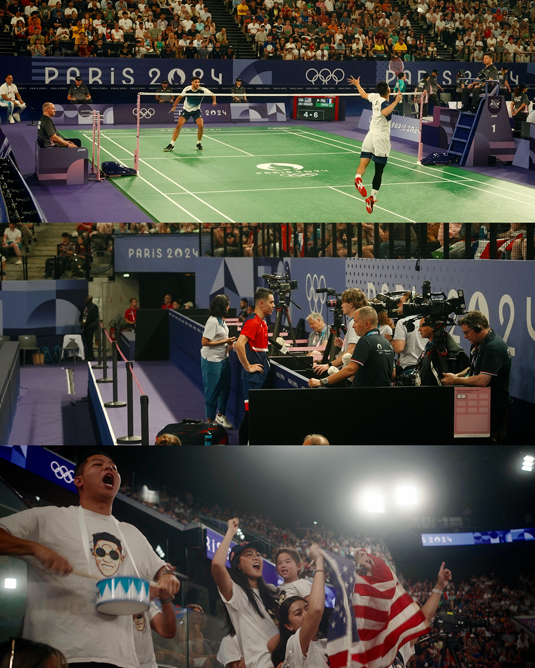 Images of a badminton match, media personnel covering news, and cheering spectators at the Paris 2024 Olympics.