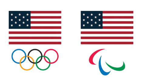 American flags with the Olympic rings and a red, green, and blue ribbon and the Olympic and Paralympic Logos.