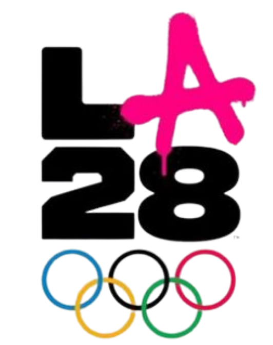 The image features the number 2028 with the letters LA on and the Olympic rings at the bottom.