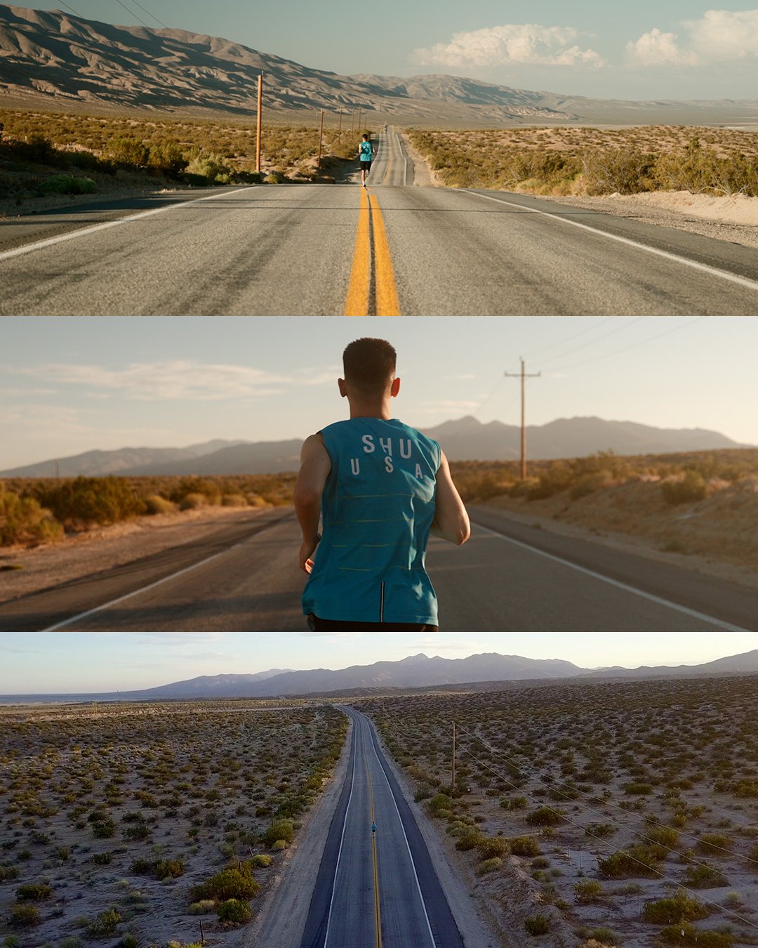 A person running on a deserted road in a desert landscape with mountains in the background, during sunset; the runner wears a blue USA tank top; an aerial view of a straight, empty road through a sparse, arid landscape with mountains in the distance.