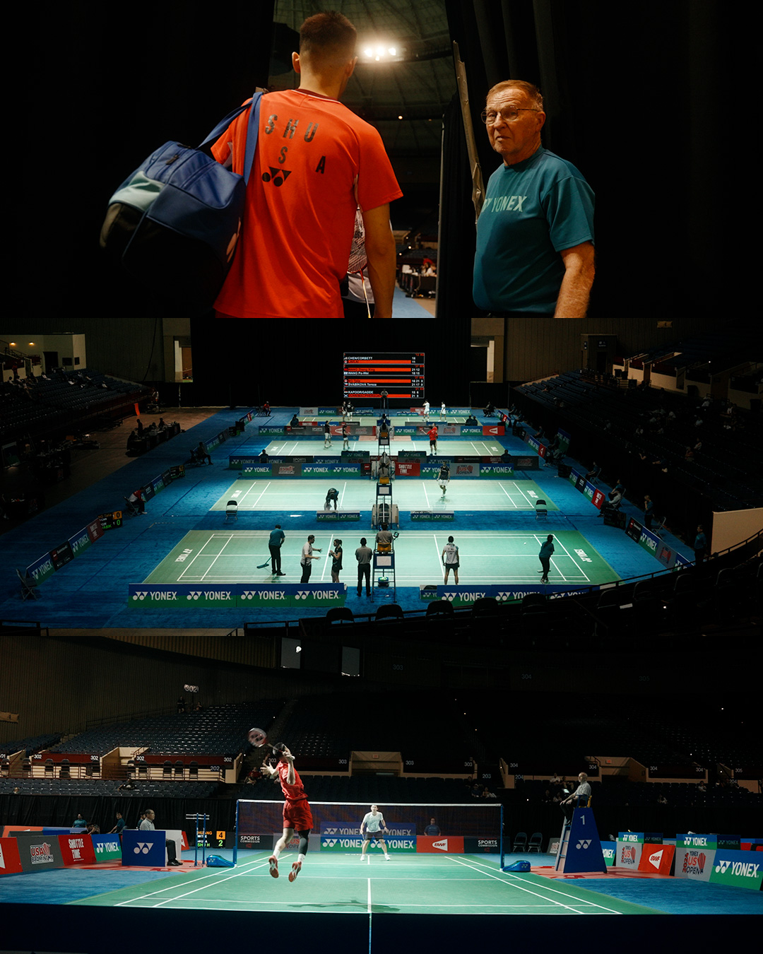 A badminton match being played in an indoor arena, with players on court, an audience in the stands, and officials around the playing area.
