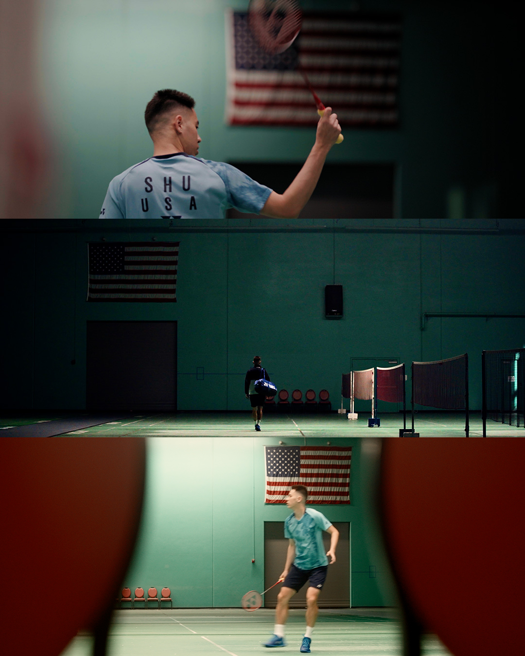 Three frames showing a young man playing badminton in a gym with American flags hanging on the walls.