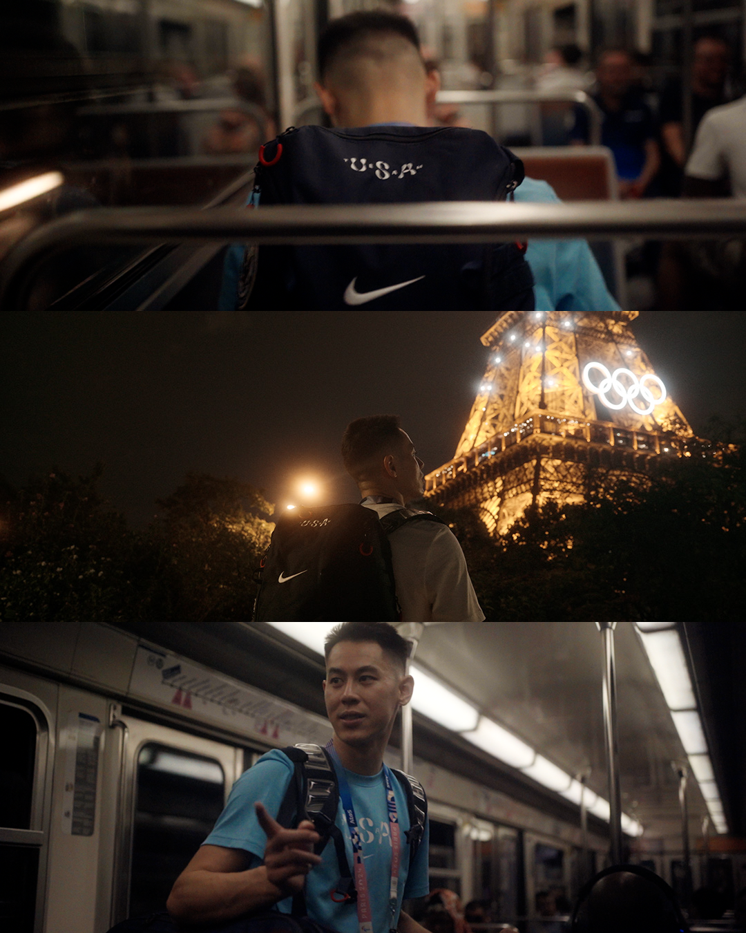 Series of photos showing athletes with backpacks in different locations, including a subway train, Paris Eiffel Tower at night with Olympic rings, and inside a subway train.