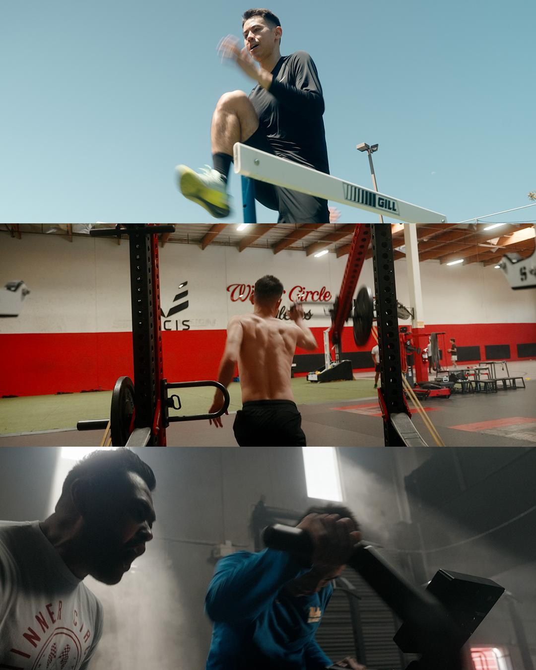 Three men engaging in different workout activities: one doing hurdles outdoors, one lifting weights in a gym, and one using a punching bag or similar equipment indoors.