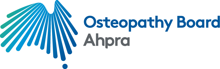 Osteopathy Board of Australia logo with blue text reading 'Osteopathy Board Ahpra'