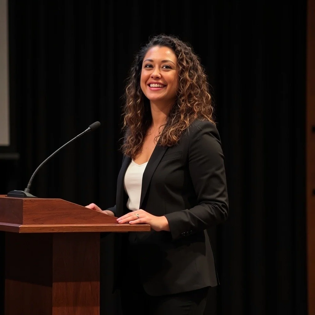 A woman with curly hair dressed in a black blazer and white top standing at a podium with a microphone, smiling, against a black curtain background.