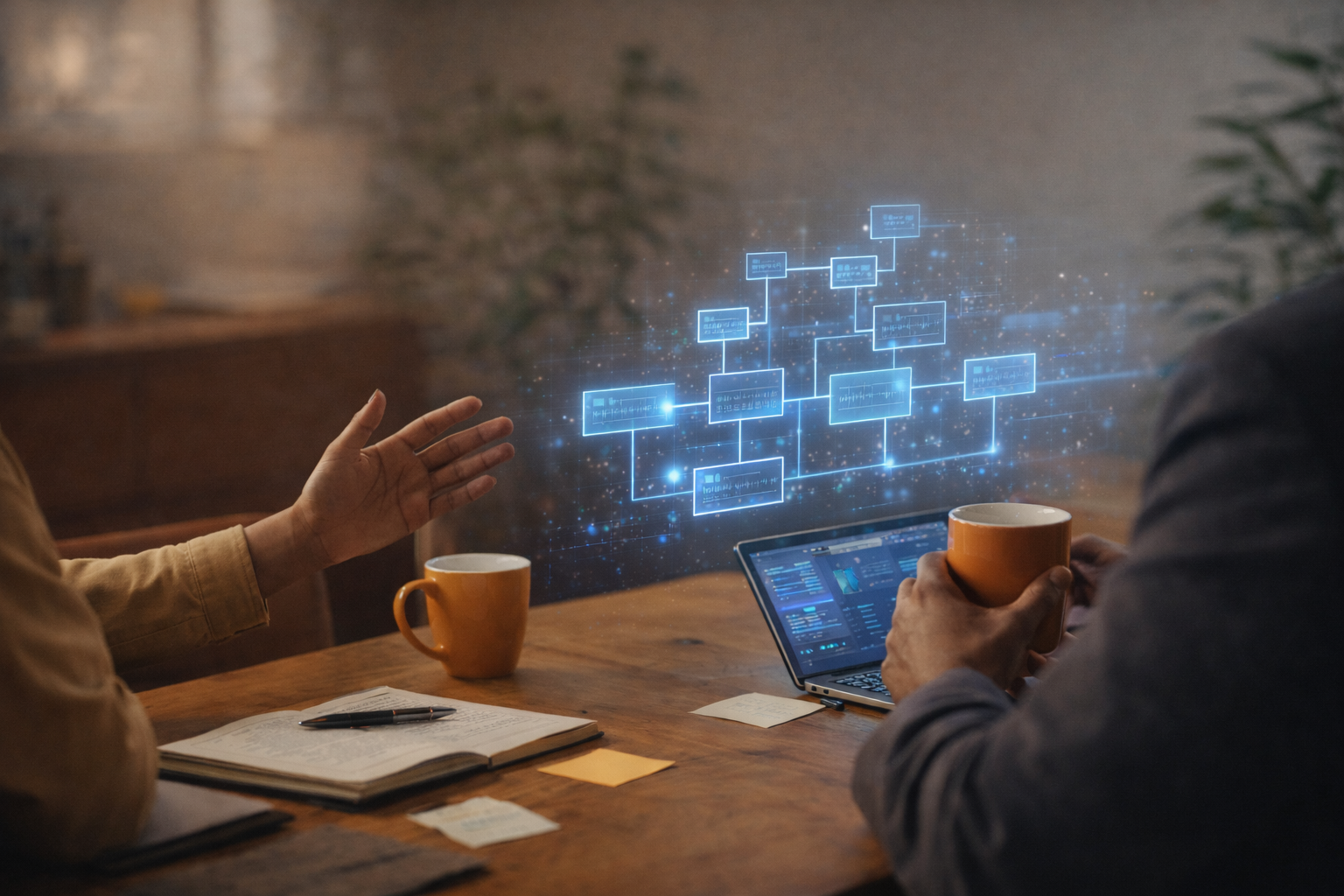 Two people sitting at a table, discussing with a holographic digital interface displaying a flowchart or network diagram, while holding mugs. One person has a notebook and pen, and a laptop is open on the table.