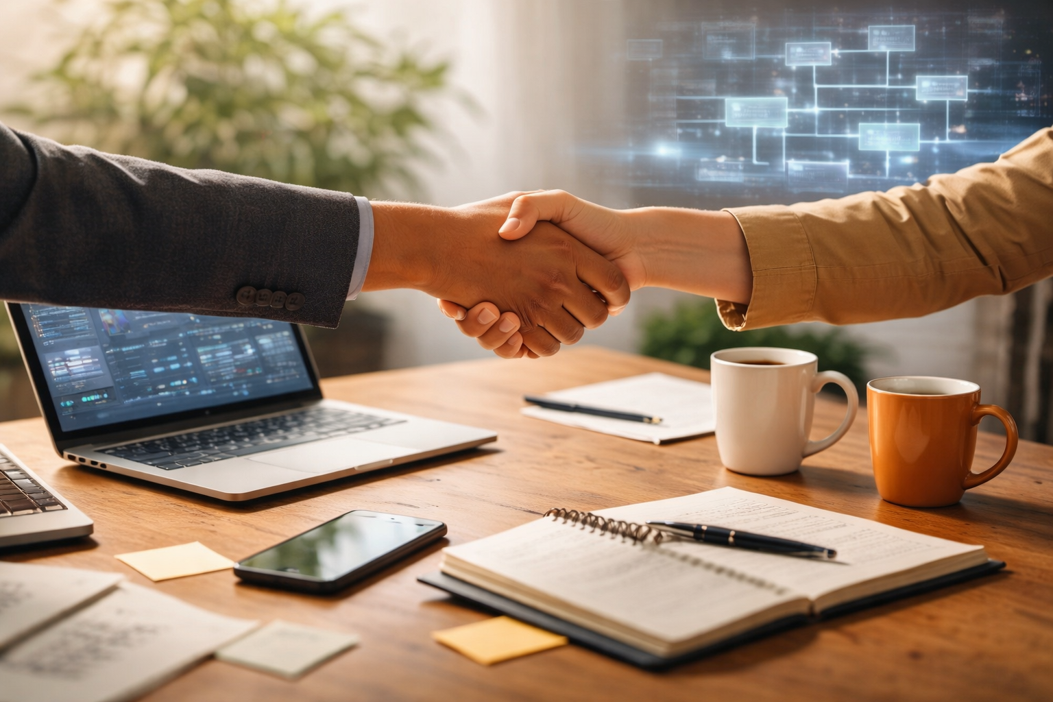 Two people shaking hands over a work desk with laptops, notebooks, pens, and coffee mugs, in a professional office setting.