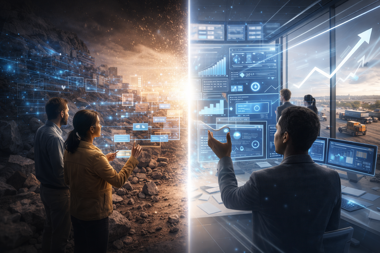 A split scene depicting the contrast between a chaotic outdoor environment with people observing augmented reality data, and an indoor high-tech control room with personnel managing digital analytics.