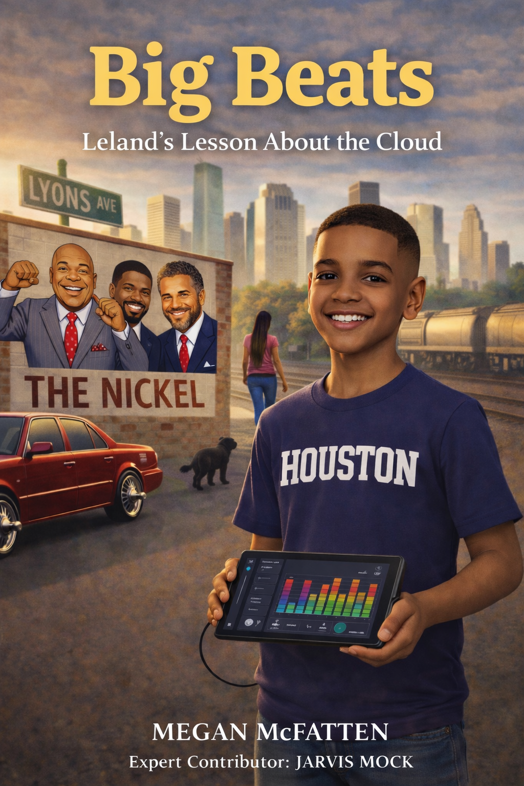Book cover titled 'Big Beats: Leland's Lesson About the Cloud' by Megan McFatten, featuring a smiling young boy in a Houston shirt holding a tablet with a colorful bar graph, with a city skyline, a woman walking, a dog, a red car, and a billboard with three men in suits behind him.