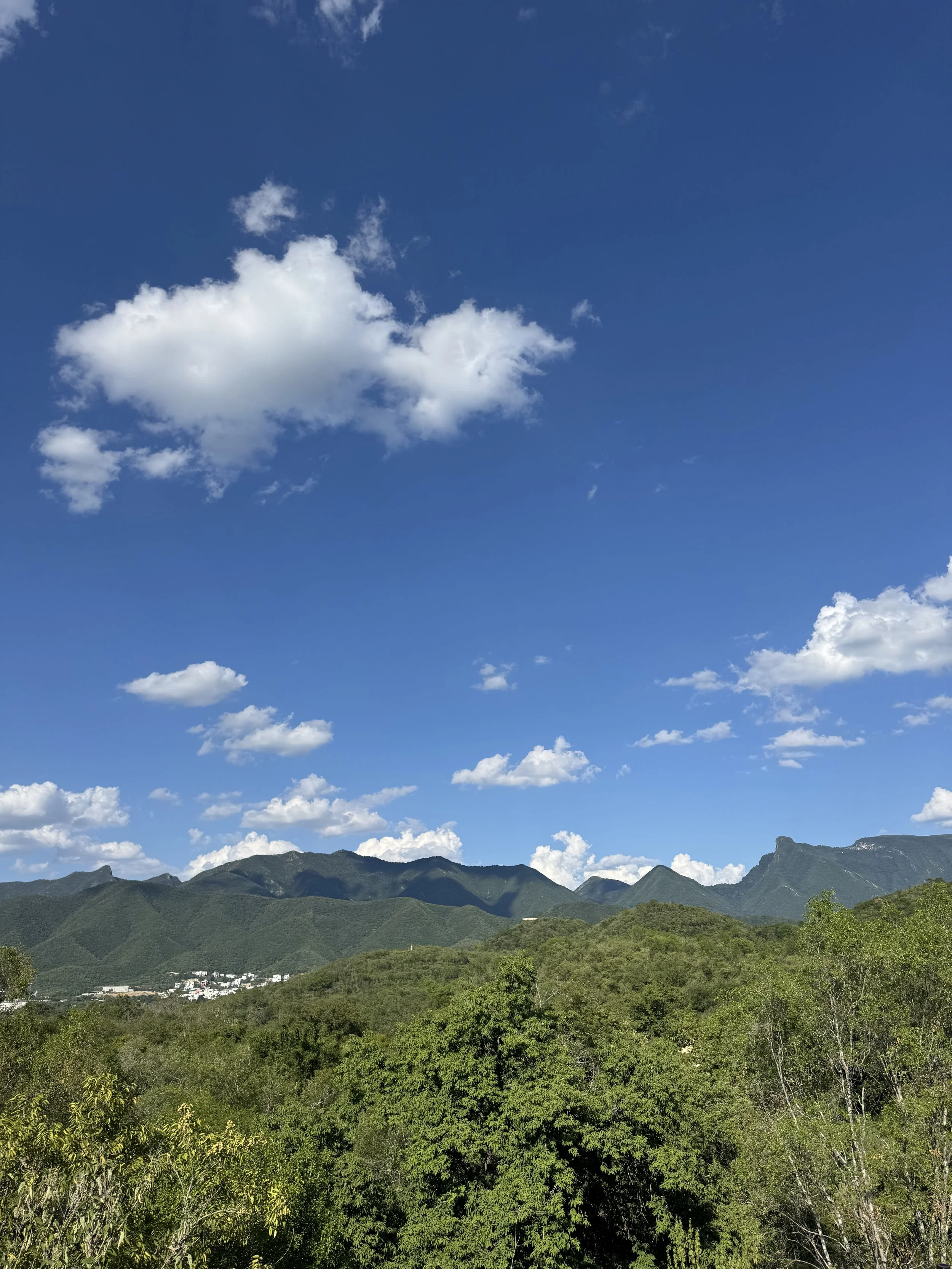 Paisaje con montañas verdes, cielo azul y nubes blancas.
