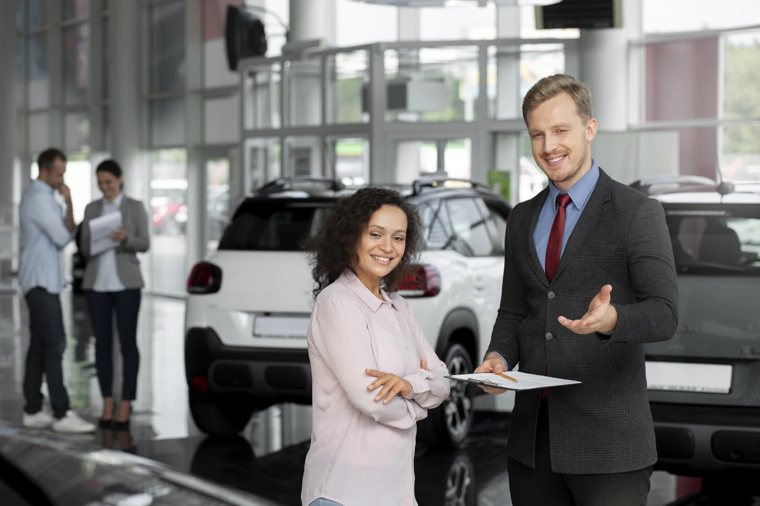 A car dealership with a woman and a sales associate in the foreground, smiling and conversing, with two people in the background looking at documents.