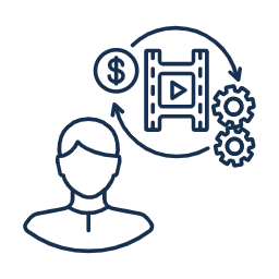 Outline of a person with icons representing money, a video player, and gears indicating online video monetization and automation.