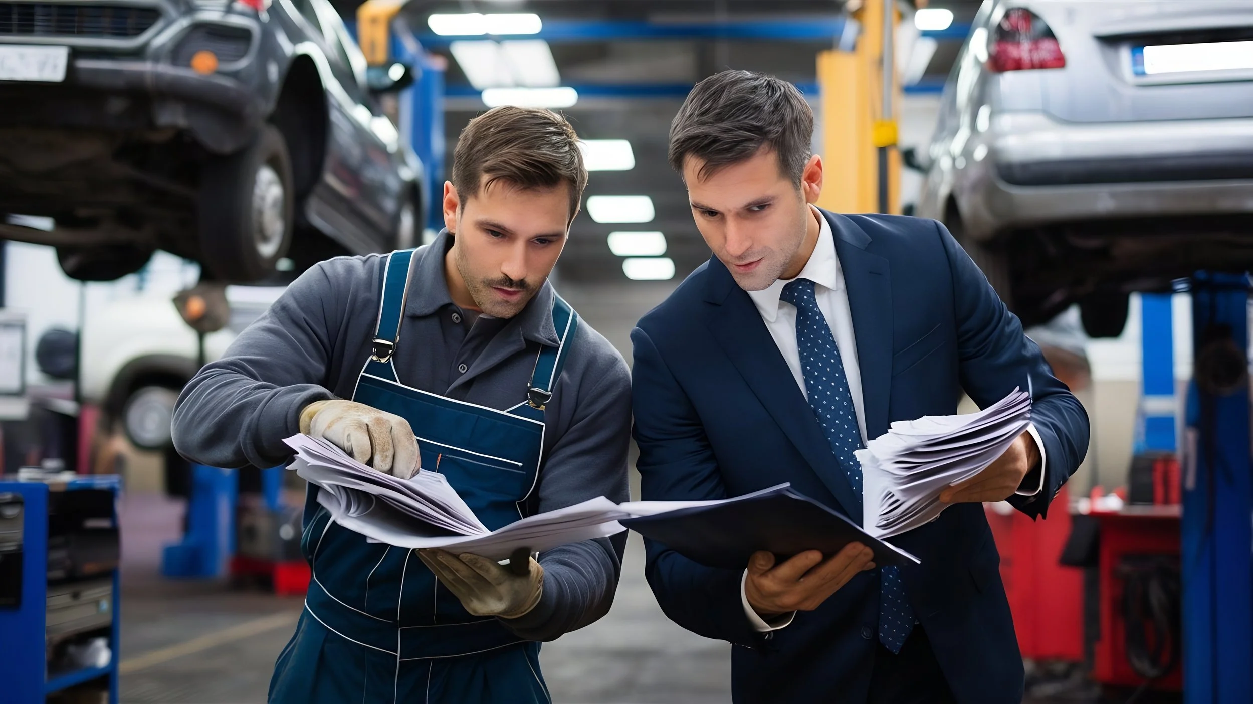 Two men, one in a mechanic uniform and the other in a business suit, examining documents in an auto repair shop with cars lifted on the lifts.