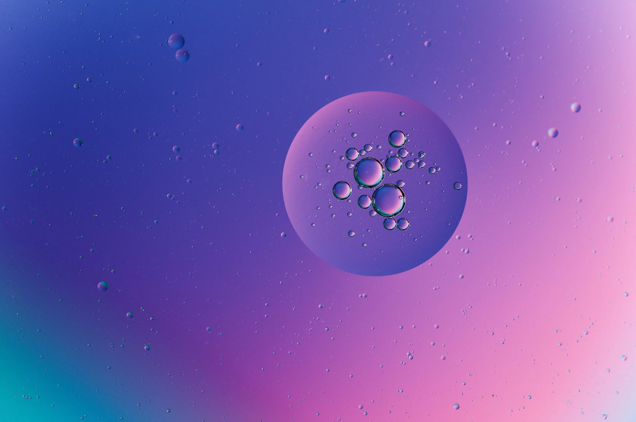 Abstract image of oil droplets suspended in water with a gradient background of pink, purple, and blue hues.